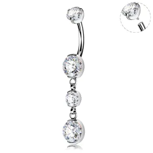 14G 10-16mm Titanium Internally Threaded Dangle CZ Gems Belly Button Ring