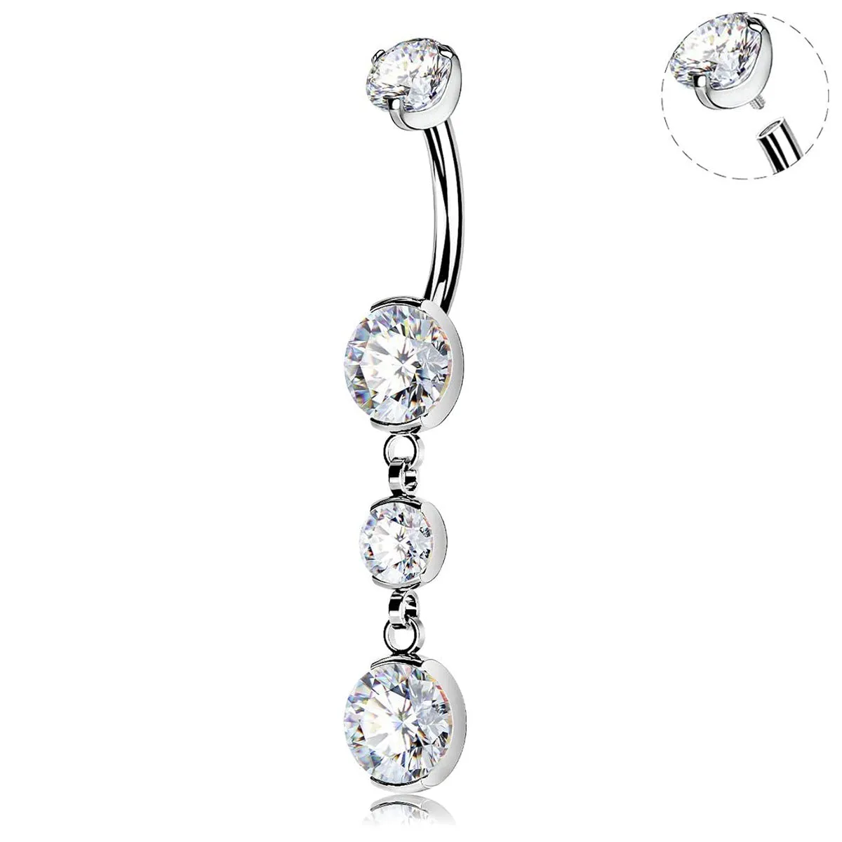 14G 10-16mm Titanium Internally Threaded Dangle CZ Gems Belly Button Ring