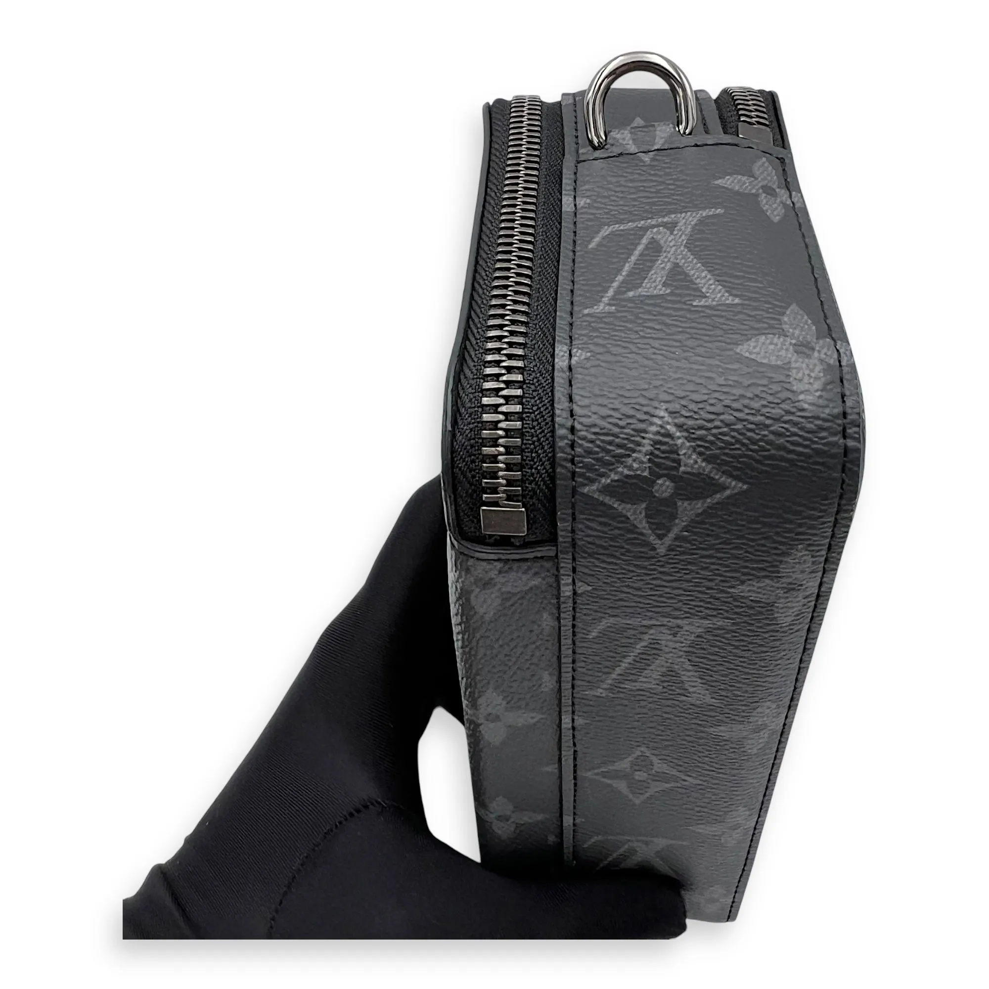Alpha Wearable Wallet Grey Crossbody Bag in Monogram Coated Canvas, Silver hardware