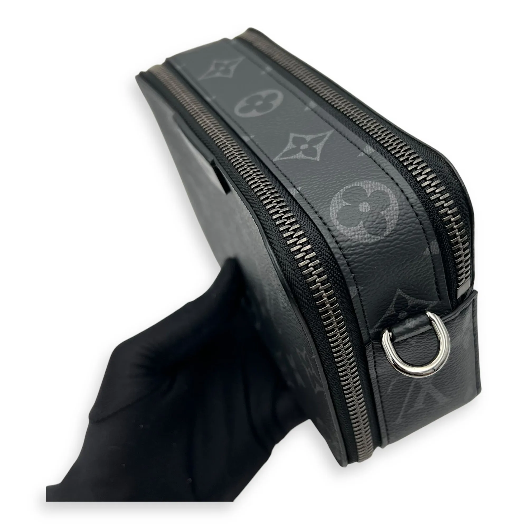 Alpha Wearable Wallet Grey Crossbody Bag in Monogram Coated Canvas, Silver hardware