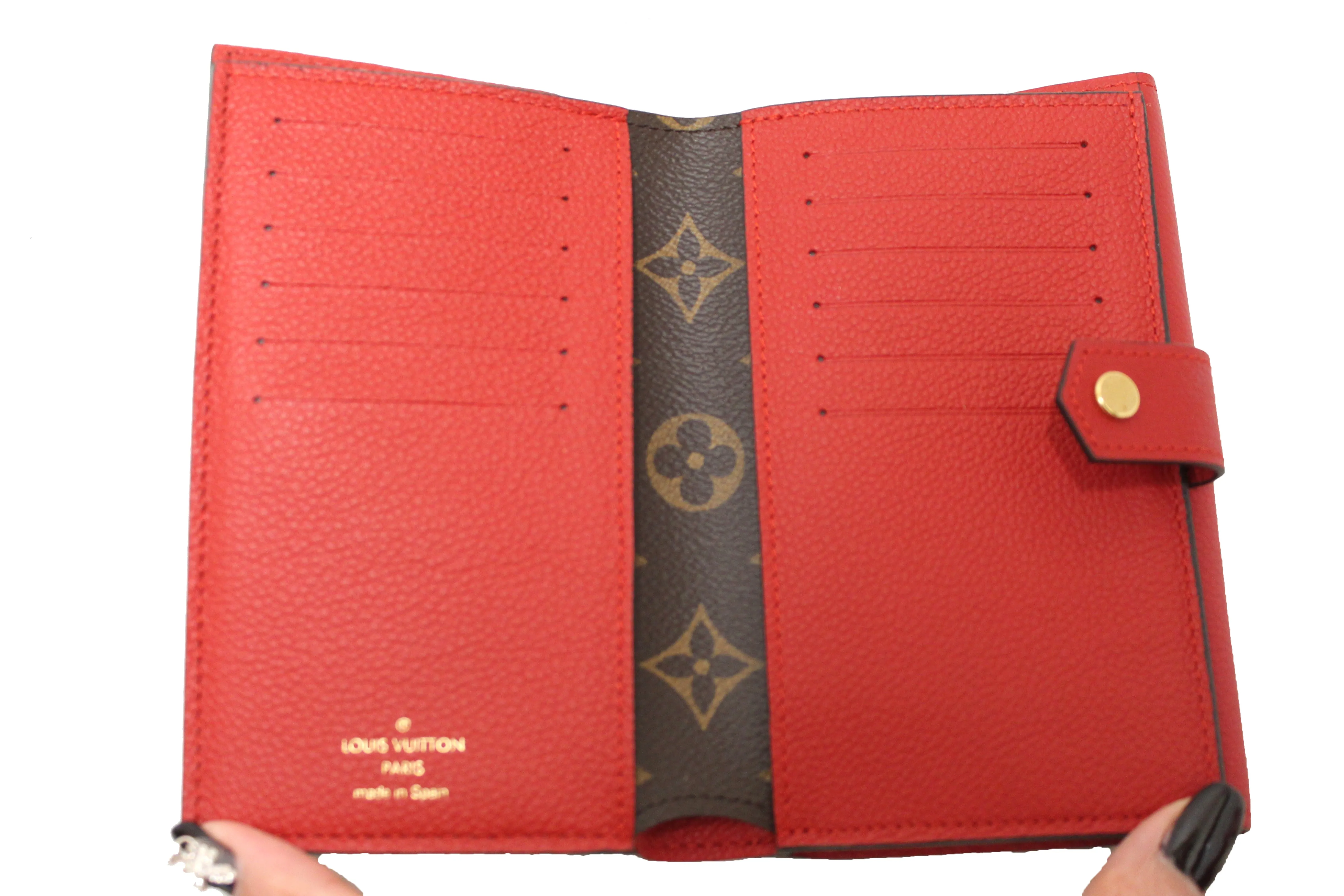 Authentic Louis Vuitton Classic Monogram and Red Calfskin Leather Pallas Compact Wallet