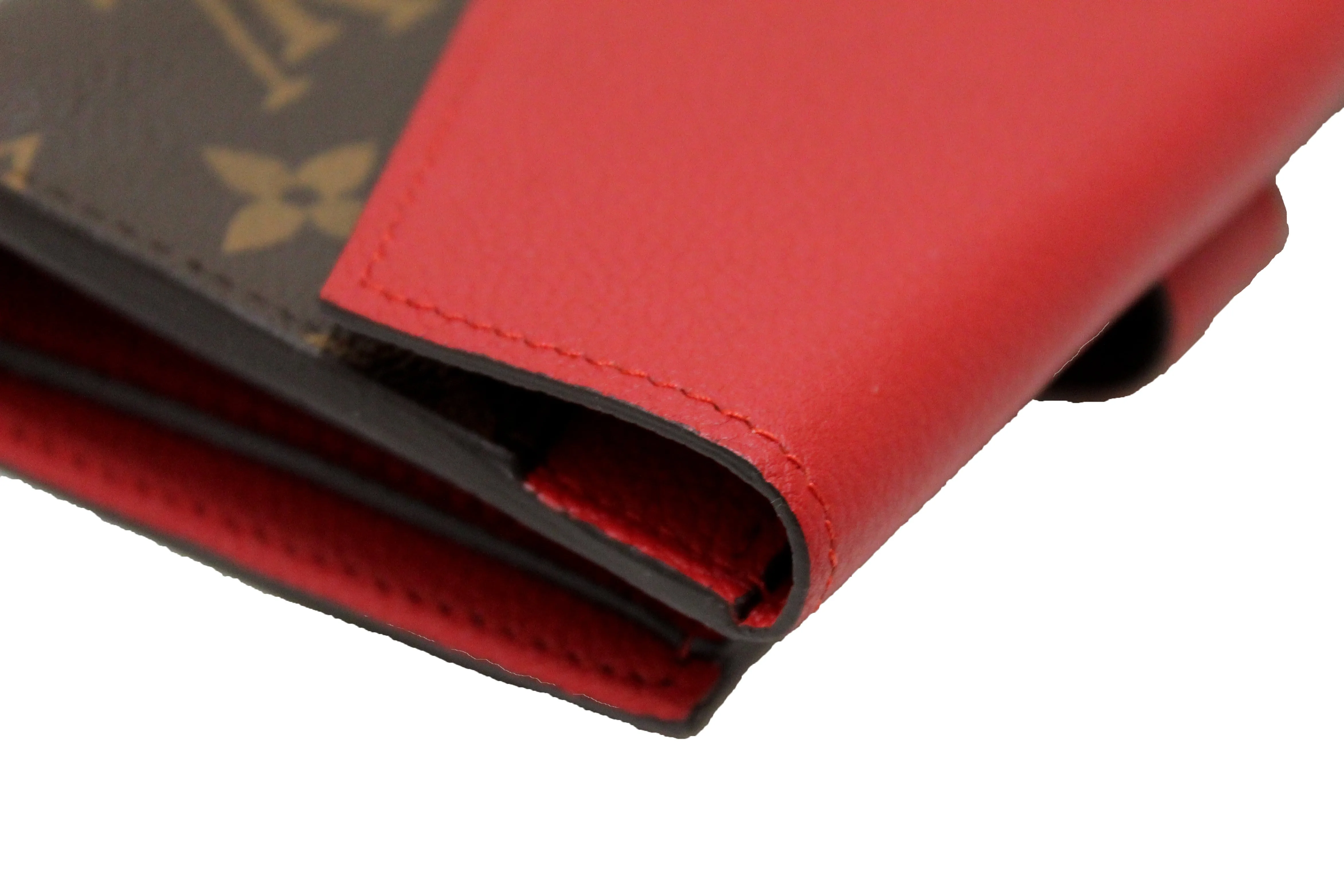 Authentic Louis Vuitton Classic Monogram and Red Calfskin Leather Pallas Compact Wallet