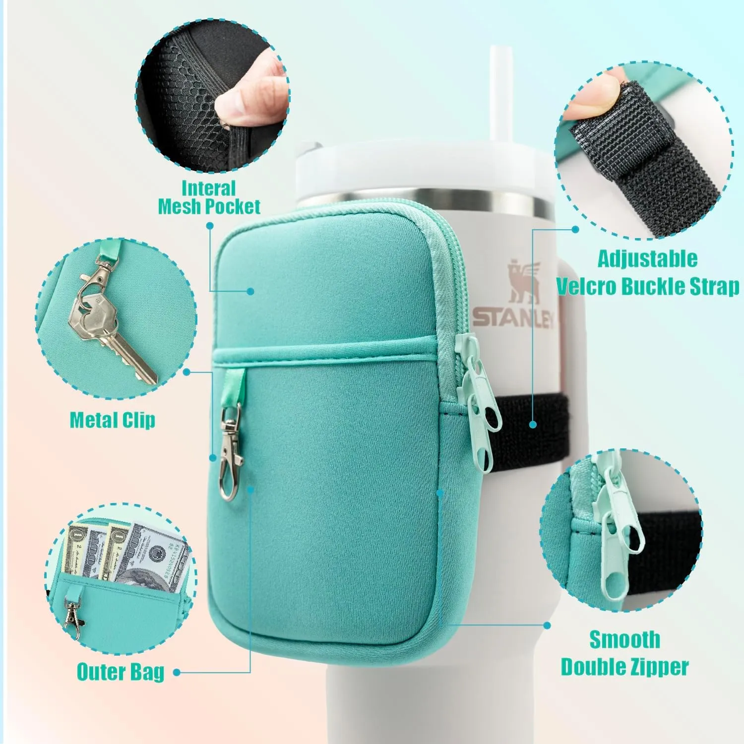 Axolotl Water Bottle Pouch with Key Chain - Stanley Cup Accessories for 30 / 40oz with Handle - Stanley Tumbler