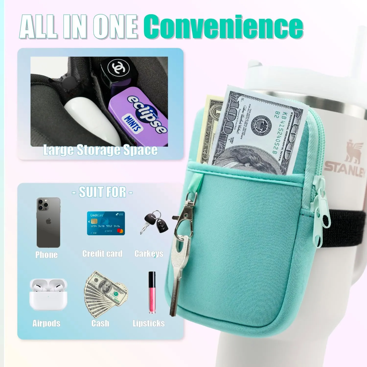 Axolotl Water Bottle Pouch with Key Chain - Stanley Cup Accessories for 30 / 40oz with Handle - Stanley Tumbler