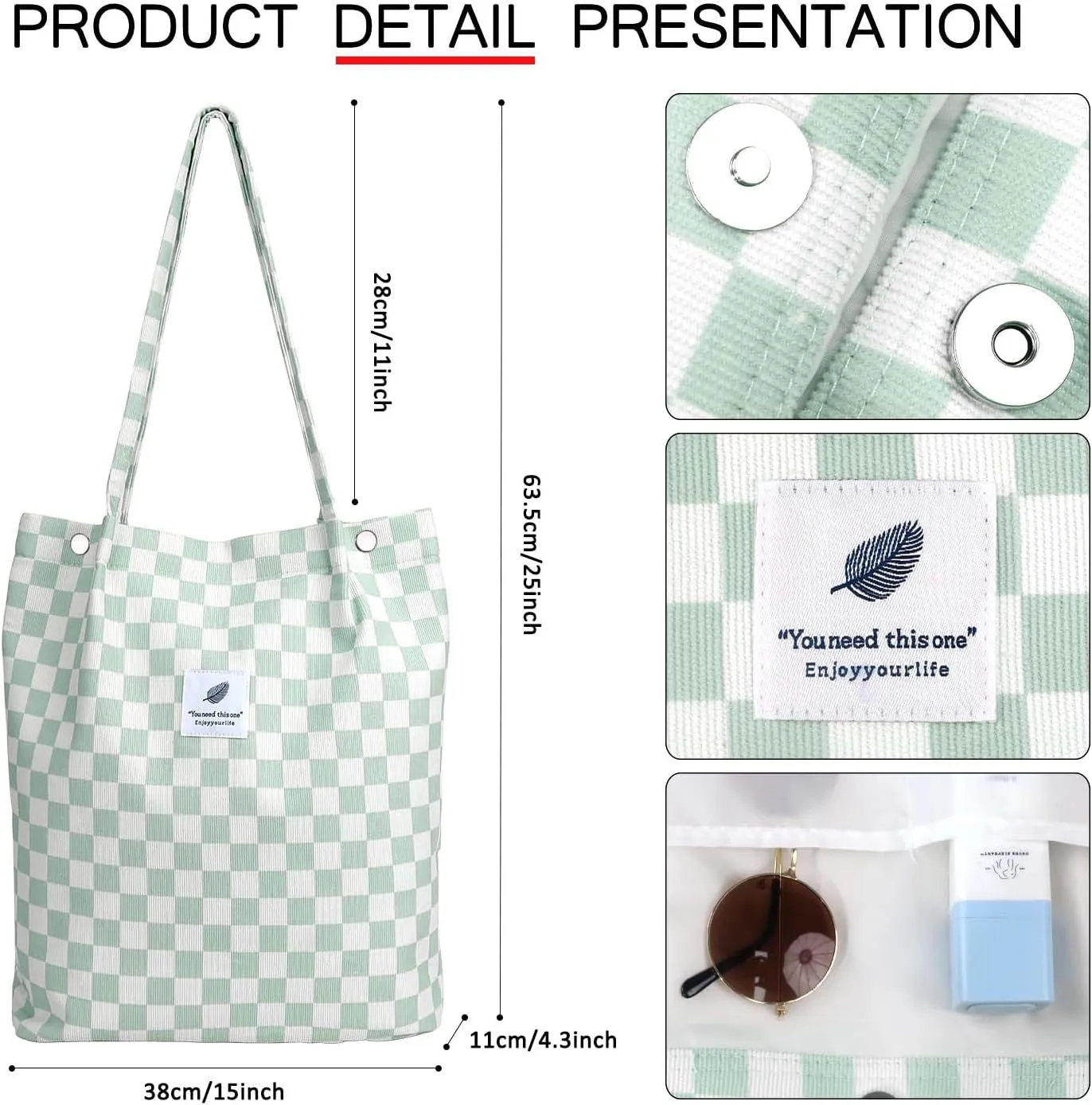 Ayieyill Corduroy Tote Bag for Women Canvas Shoulder Cord Purse with Inner Pocket