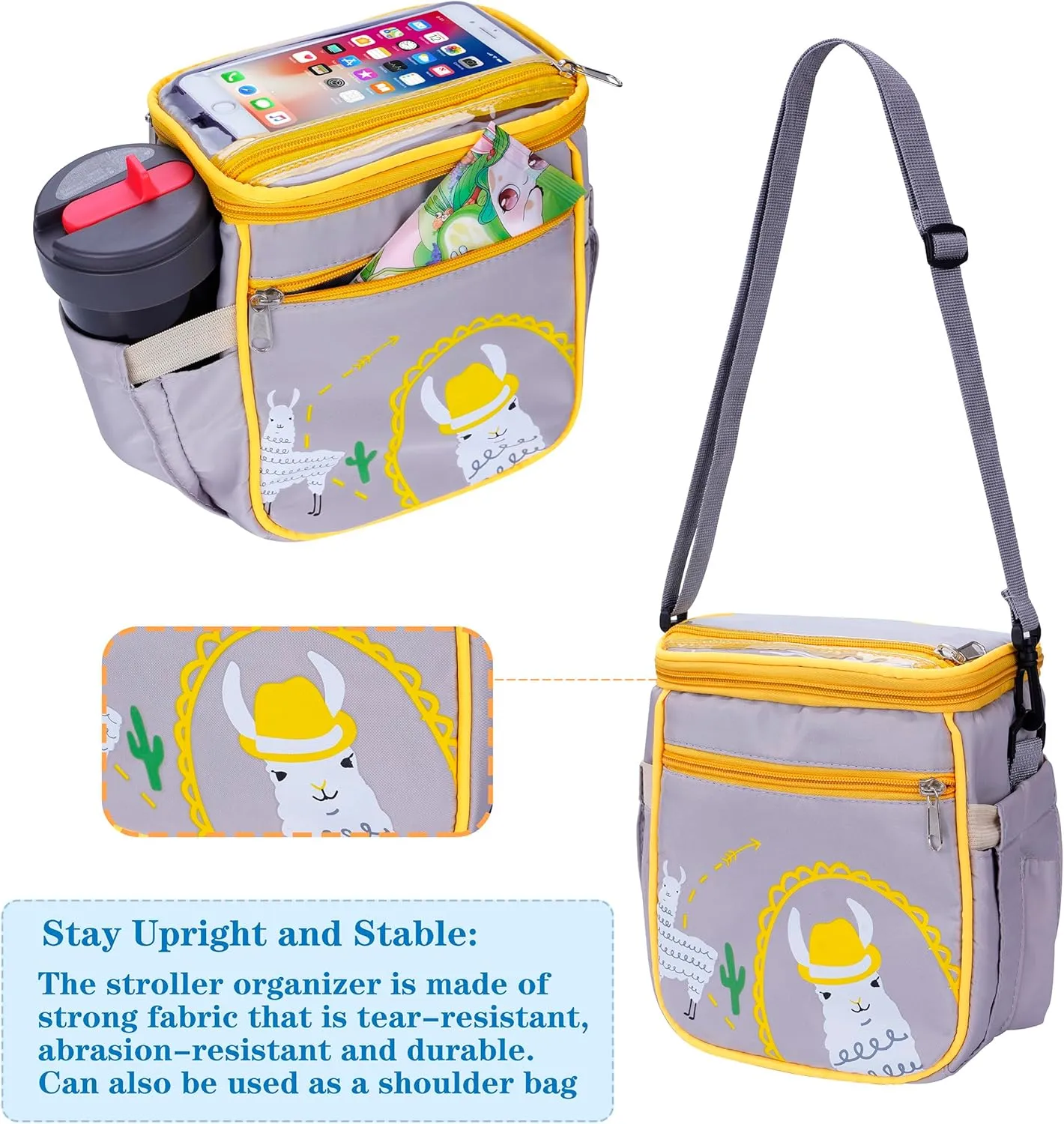 Baby Stroller Organizer BagSmall Diaper Bag - Universal Stroller Organizer With Insulated Cup Holder,Pocket With Baby Wipes DispenserAdjustable Shoulder Strap(Grey)