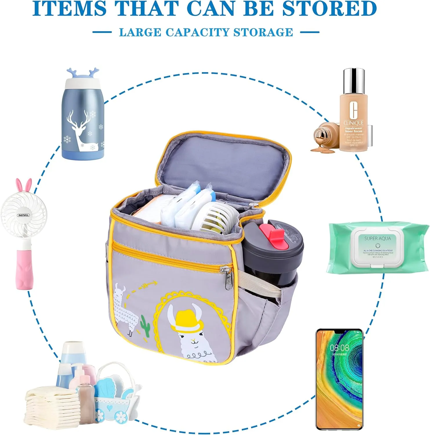 Baby Stroller Organizer BagSmall Diaper Bag - Universal Stroller Organizer With Insulated Cup Holder,Pocket With Baby Wipes DispenserAdjustable Shoulder Strap(Grey)