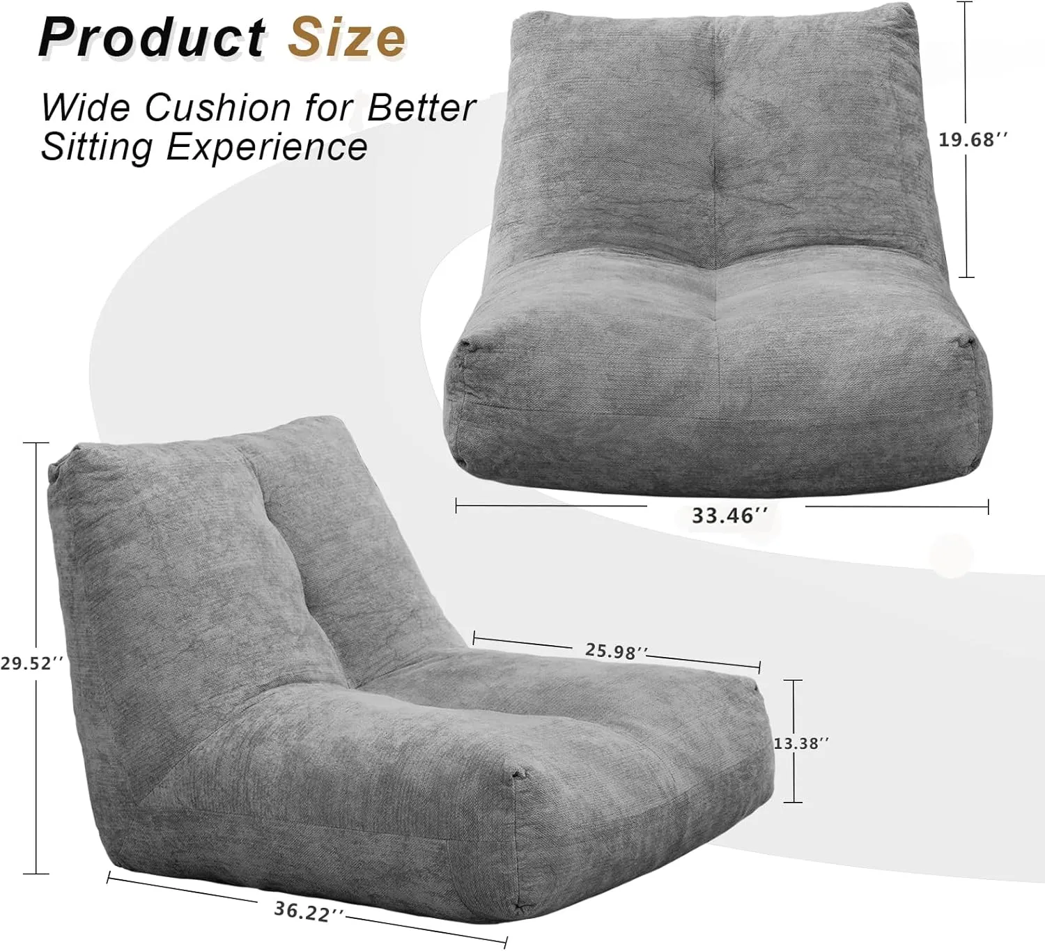 Bean Bag Chairs for Adults, Ergonomic Support Reading Floor Sofa Chair with Filler, Spacious Single Sofa, Comfy Cozy Beanbag Couch for Bedroom Apartment Living Room(Grey)
