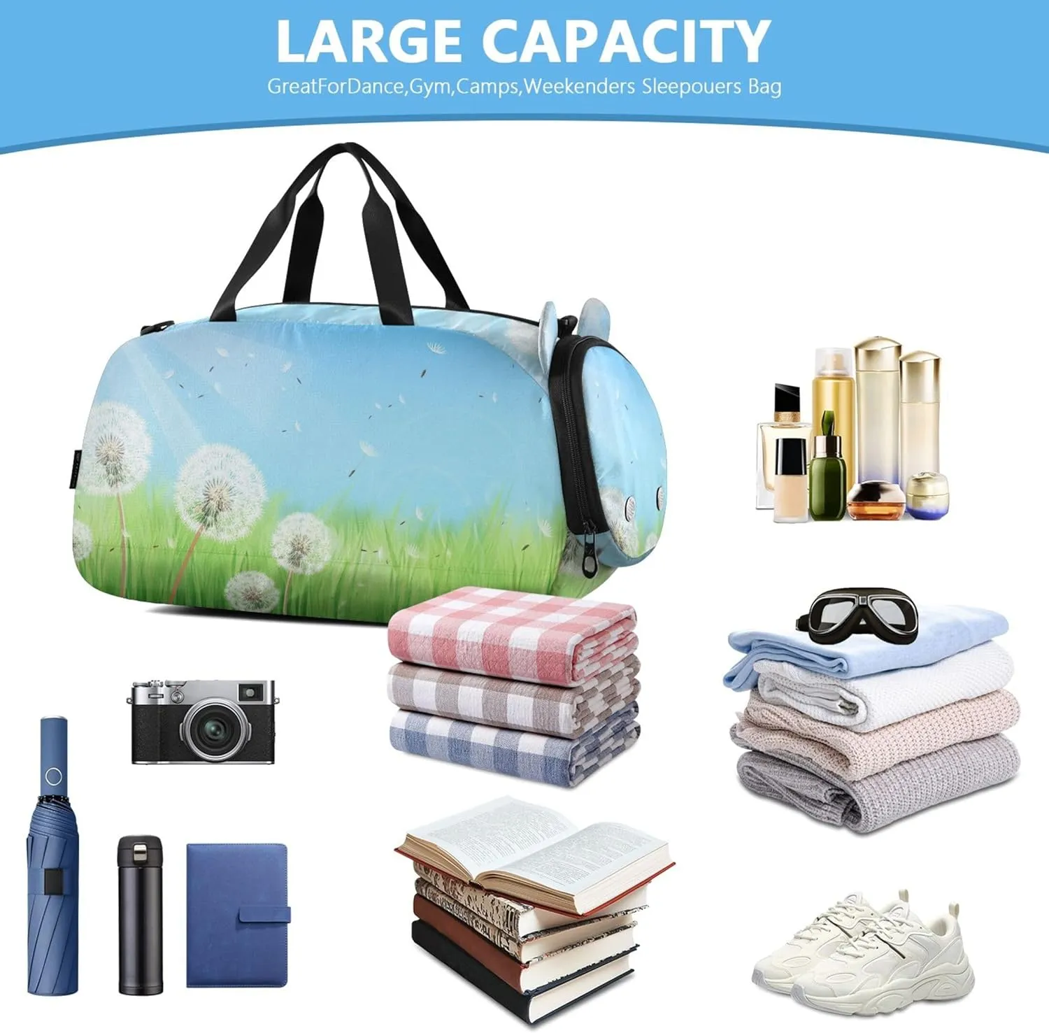 Beautiful Spring Dandelions Girls Tote Duffle Bags Travel Weekend Duffel Overnight Boys Carry on Duffel Bag Dance Duffle Bag
