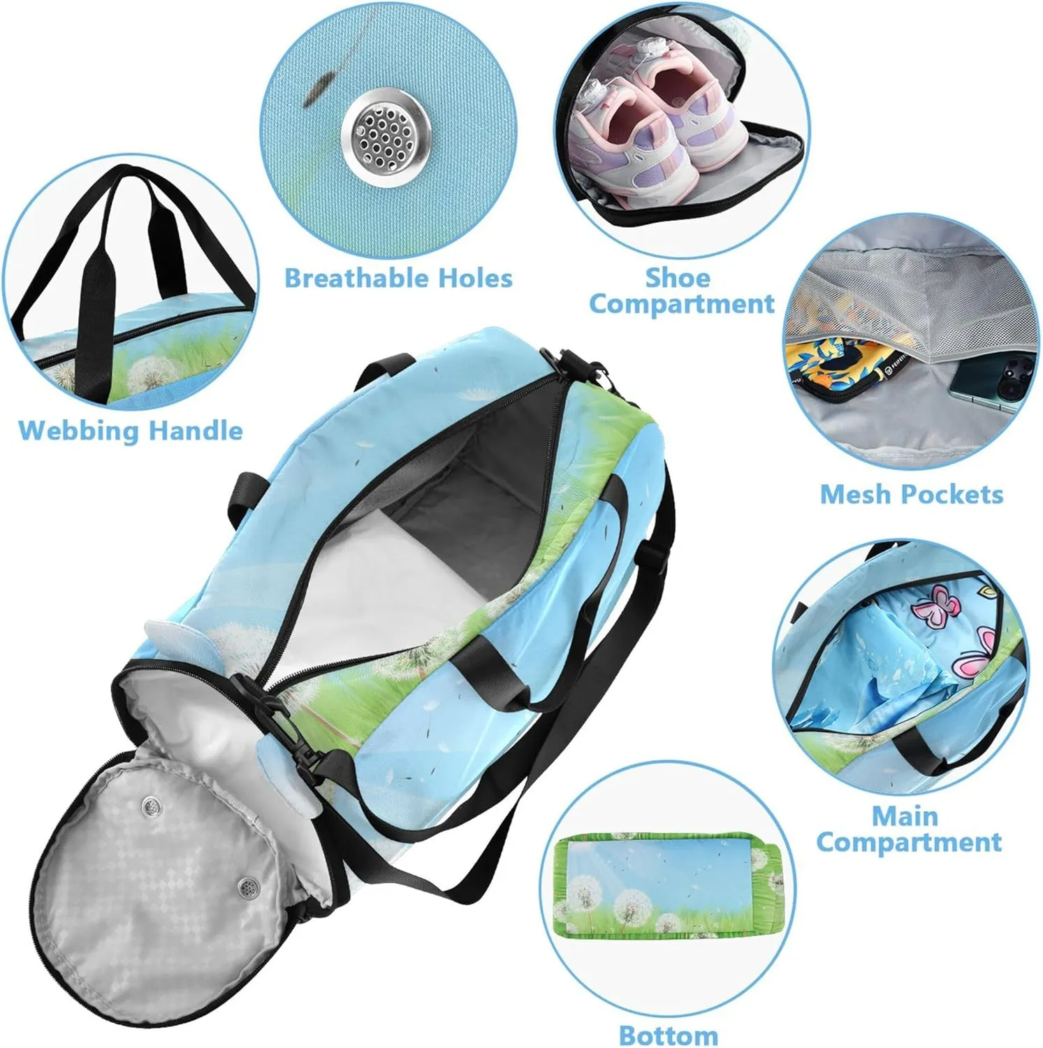 Beautiful Spring Dandelions Girls Tote Duffle Bags Travel Weekend Duffel Overnight Boys Carry on Duffel Bag Dance Duffle Bag