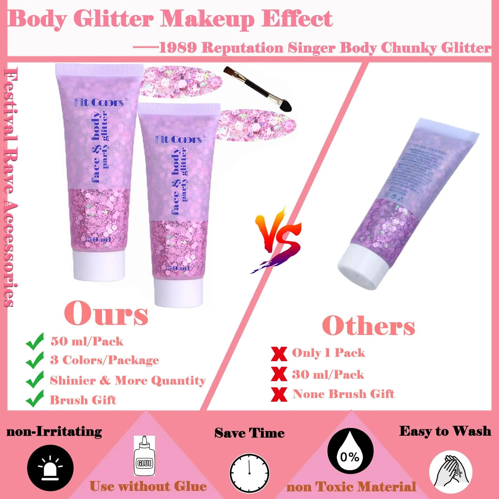 Body Glitter Face Glitter Gel: Singer Concerts Disco Festival Rave Accessories Face Glitter Makeup 100ml Chunky Sequins Mermaid Face Body Hair Glitter Gel (2 Pink)