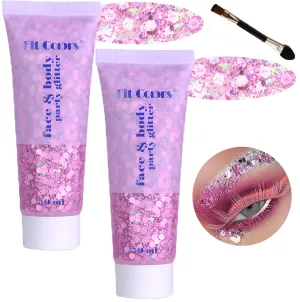 Body Glitter Face Glitter Gel: Singer Concerts Disco Festival Rave Accessories Face Glitter Makeup 100ml Chunky Sequins Mermaid Face Body Hair Glitter Gel (2 Pink)