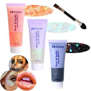 Body Glitter Face Glitter Gel: Singer Concerts Disco Festival Rave Accessories Face Glitter Makeup 150ml Chunky Sequins Mermaid Face Body Hair Glitter Gel (Orange&White&Black)