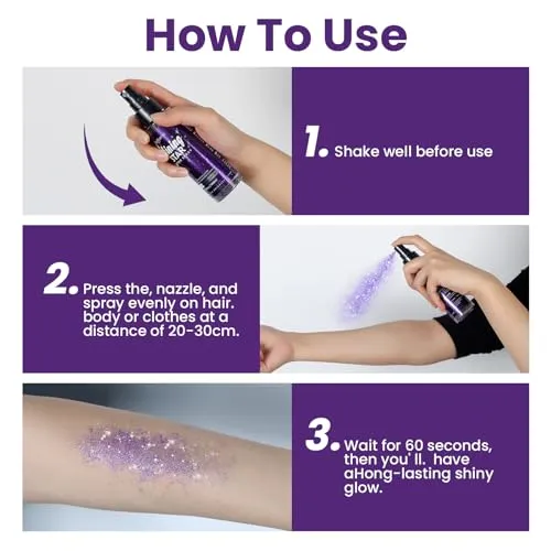 Body Glitter Spray，Glitter Hairspray，Purple Body Glitter Spray,Quick-Drying and Waterproof Glitter Hairspray,Nozzles are not easily clogged，Long-Lasting Body Shiny Spray for Stage Makeup, 3.38Oz