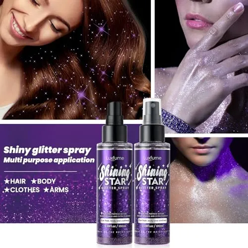 Body Glitter Spray，Glitter Hairspray，Purple Body Glitter Spray,Quick-Drying and Waterproof Glitter Hairspray,Nozzles are not easily clogged，Long-Lasting Body Shiny Spray for Stage Makeup, 3.38Oz