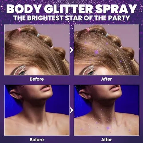 Body Glitter Spray，Glitter Hairspray，Purple Body Glitter Spray,Quick-Drying and Waterproof Glitter Hairspray,Nozzles are not easily clogged，Long-Lasting Body Shiny Spray for Stage Makeup, 3.38Oz