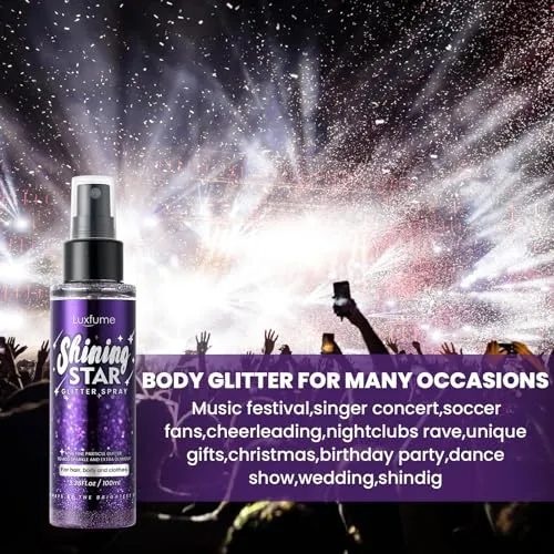 Body Glitter Spray，Glitter Hairspray，Purple Body Glitter Spray,Quick-Drying and Waterproof Glitter Hairspray,Nozzles are not easily clogged，Long-Lasting Body Shiny Spray for Stage Makeup, 3.38Oz