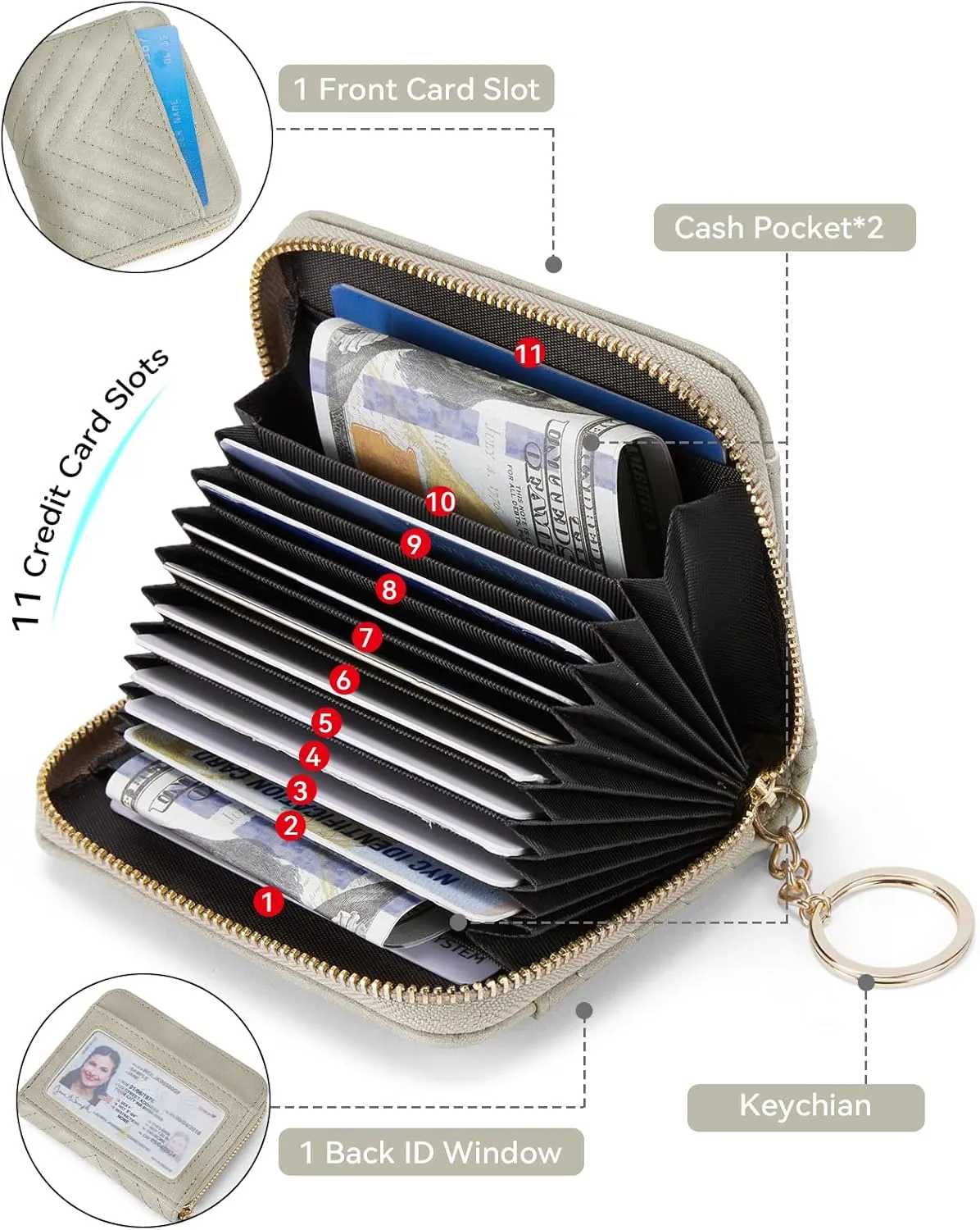 BOSTANTEN Credit Card Holder Wallet RFID Blocking Leather Small Wallet for Women Zipper Keychain Wallet with Wristlet Grey