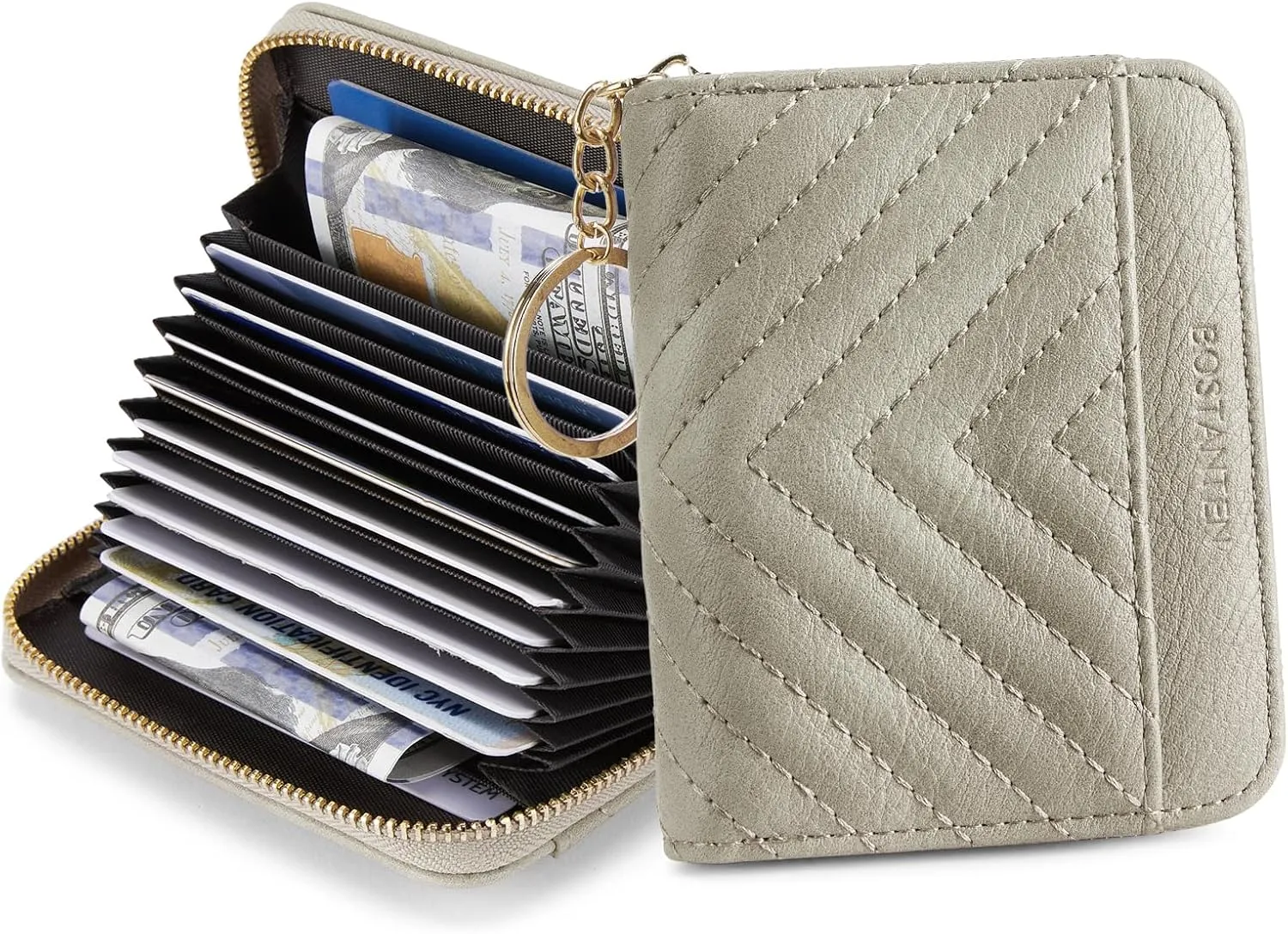 BOSTANTEN Credit Card Holder Wallet RFID Blocking Leather Small Wallet for Women Zipper Keychain Wallet with Wristlet Grey
