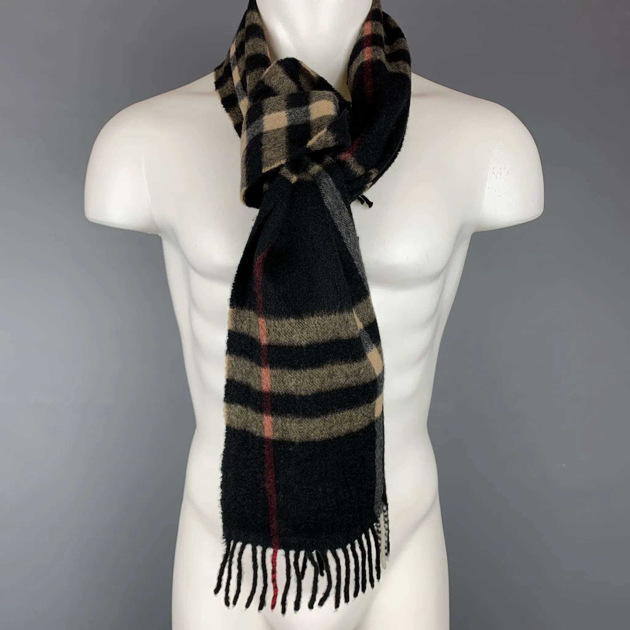BURBERRY LONDON Black & Tan Plaid Cashmere Scarf