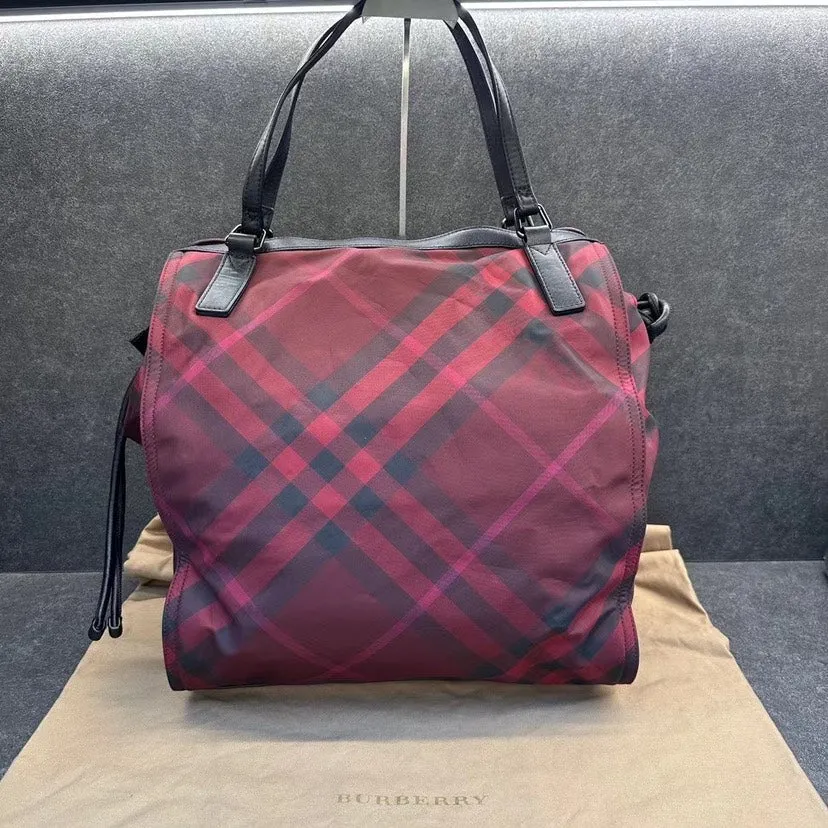 Burberry Red Check Canvas Leather Trim Tote Bag Medium