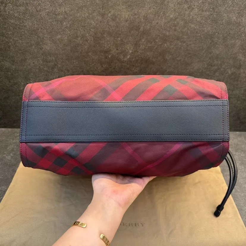 Burberry Red Check Canvas Leather Trim Tote Bag Medium
