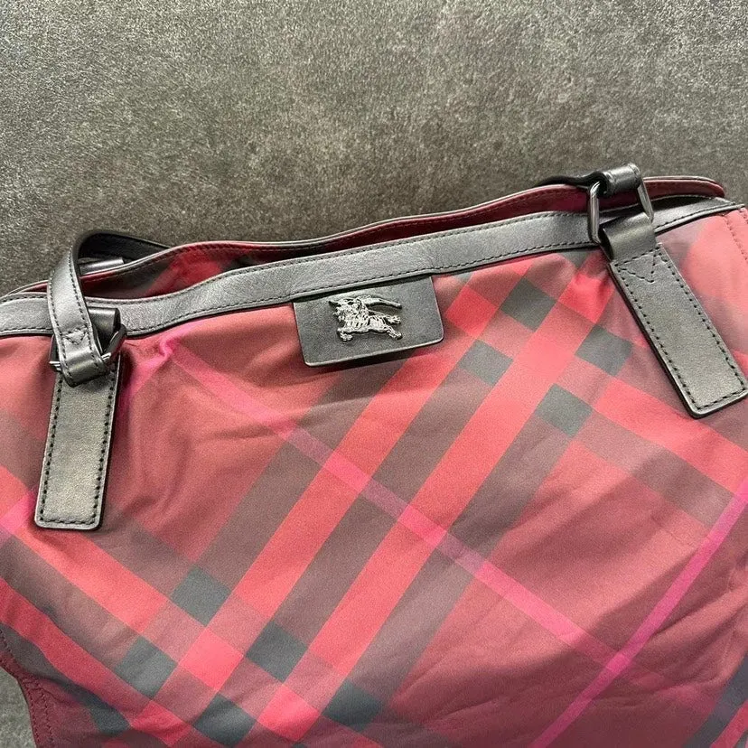 Burberry Red Check Canvas Leather Trim Tote Bag Medium