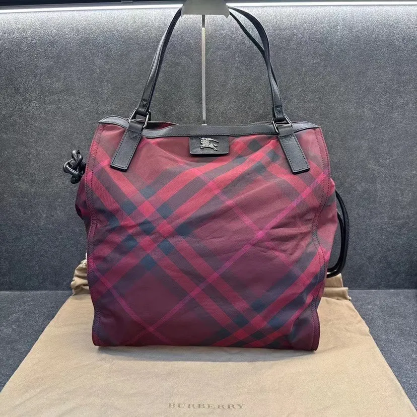 Burberry Red Check Canvas Leather Trim Tote Bag Medium