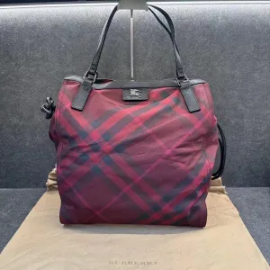 Burberry Red Check Canvas Leather Trim Tote Bag Medium
