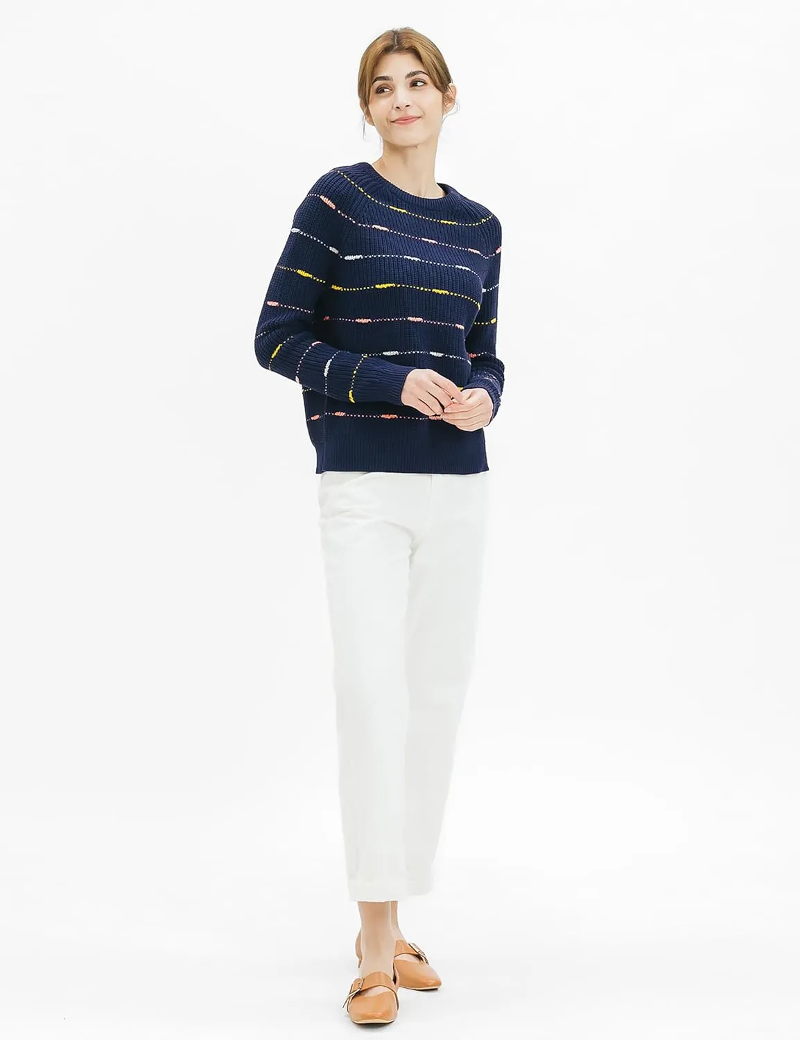 Cable Stitch Women's Dotted Stripe Sweater - Crewneck Long Sleeve Knitted Pullover Top