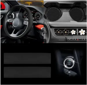 Car Accessories Set, 10PCS Vehicle Kit with Steering Wheel Cover Seatbelt Pad Cup Holder Mat Start Button Ring Sticker Flower Air Vent Clip, Universal Automotive Interior Ornament (Black)