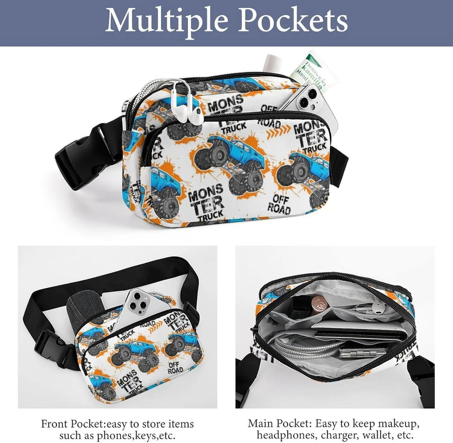 Cartoon Monster Truck Car Belt Bag Fanny Pack Crossbody Trace of Tire Fashion Waist Packs With Adjustable Strap For Men Women Travel Hiking Cycling Running