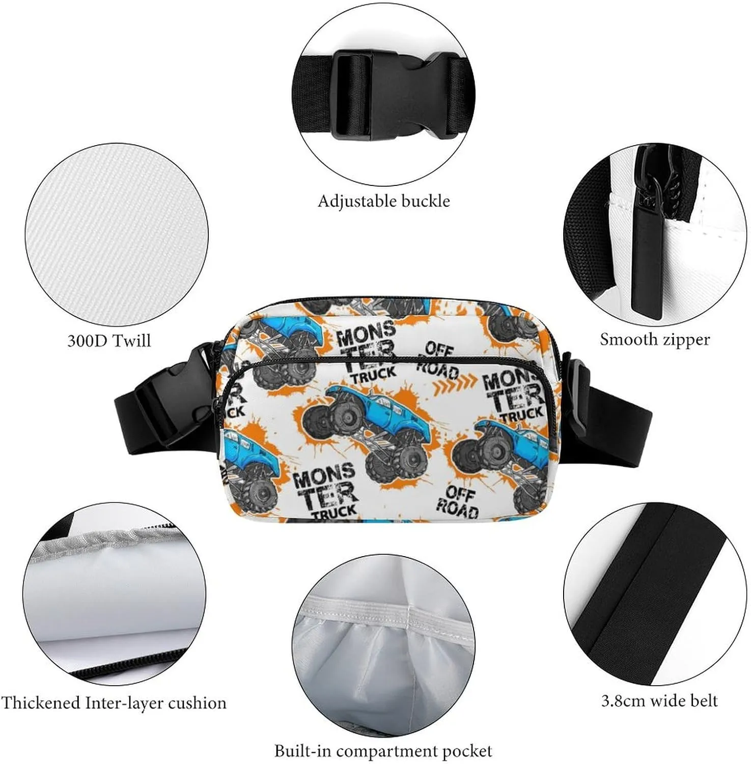Cartoon Monster Truck Car Belt Bag Fanny Pack Crossbody Trace of Tire Fashion Waist Packs With Adjustable Strap For Men Women Travel Hiking Cycling Running