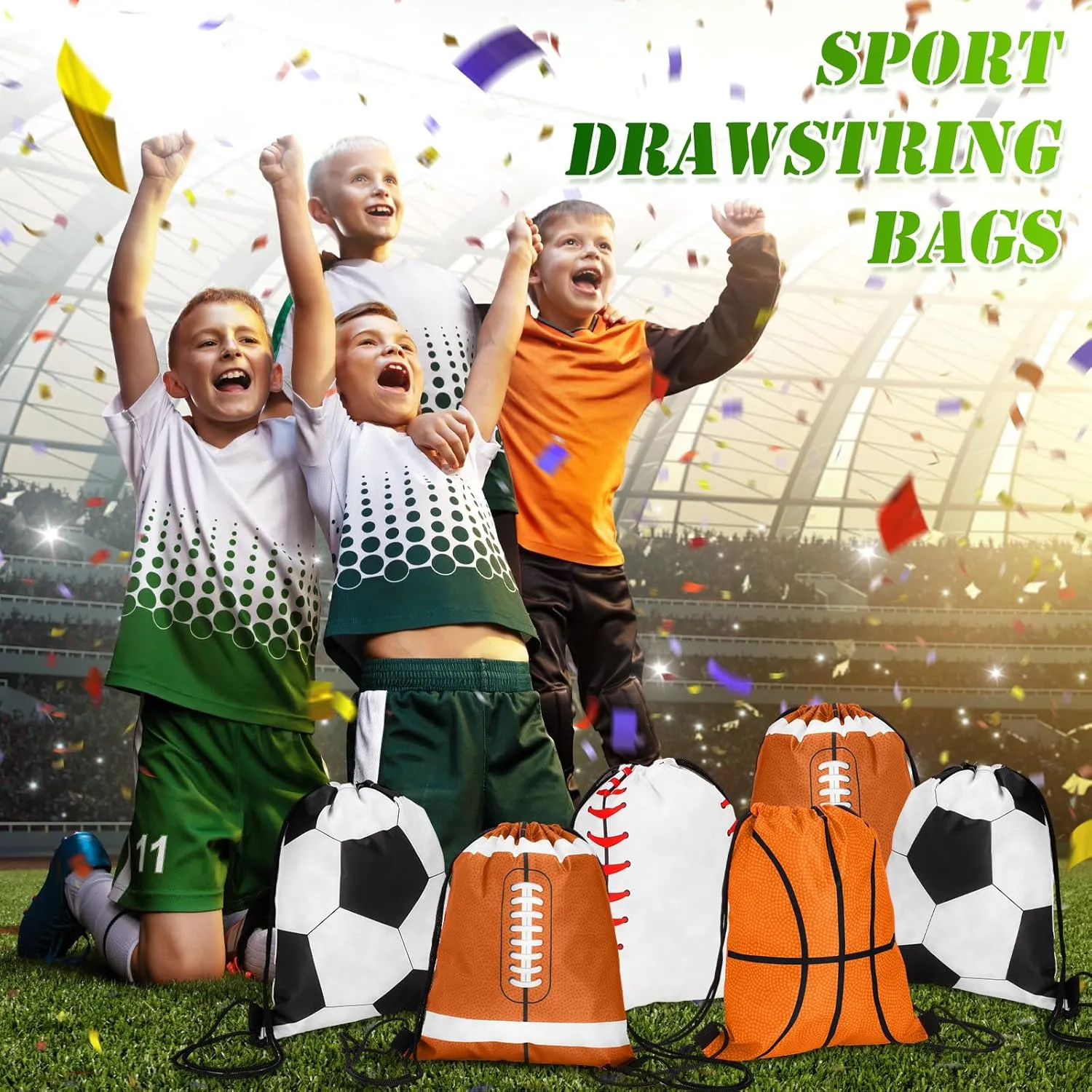 Censen 24 Pcs Drawstring Bags Set Bulk 12 x 10 Inch Waterproof Beach Pack for Soccer Baseball Basketball Football Gift Party (Sport Style)