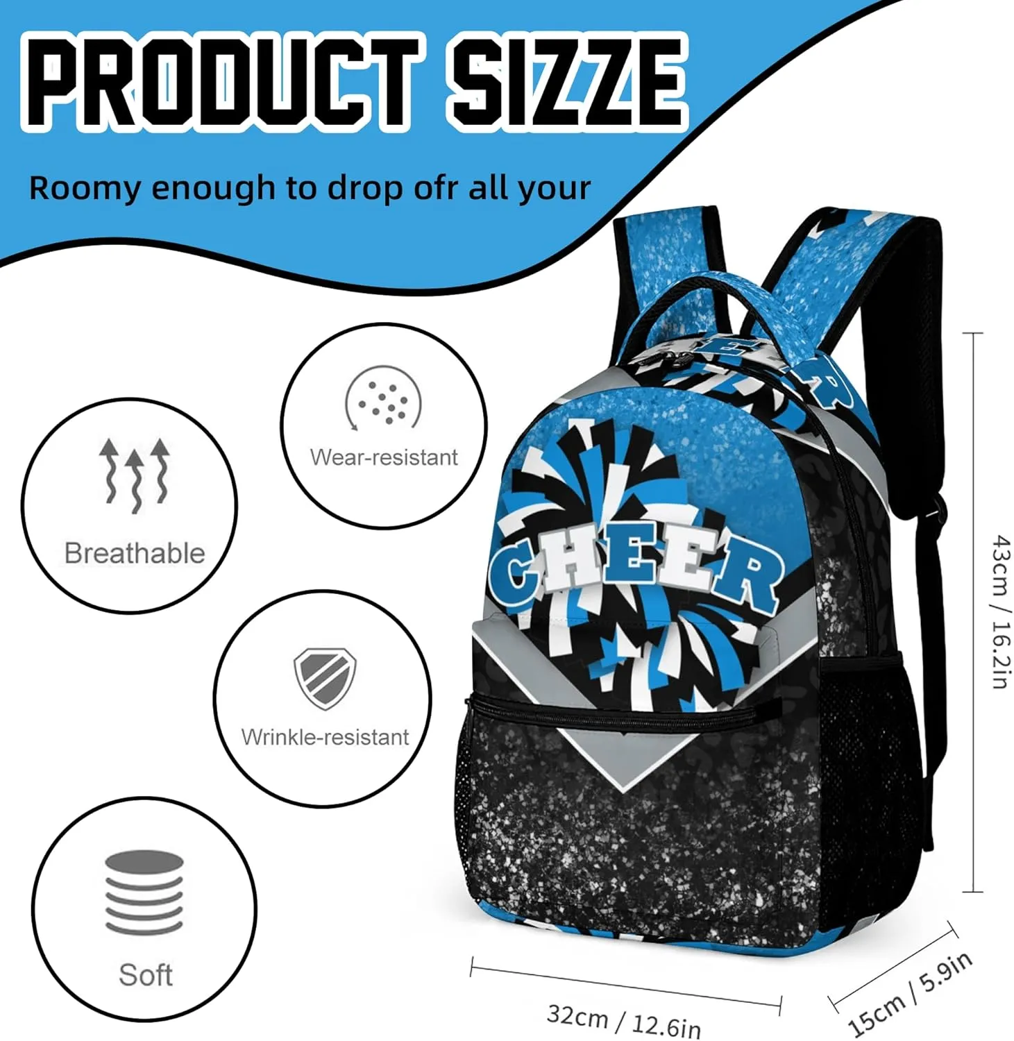 Cheer Backpacks for Cheerleaders, Cheerleading Backpack 16.5in, Cheerleader Gifts for Team (Blue&Black)
