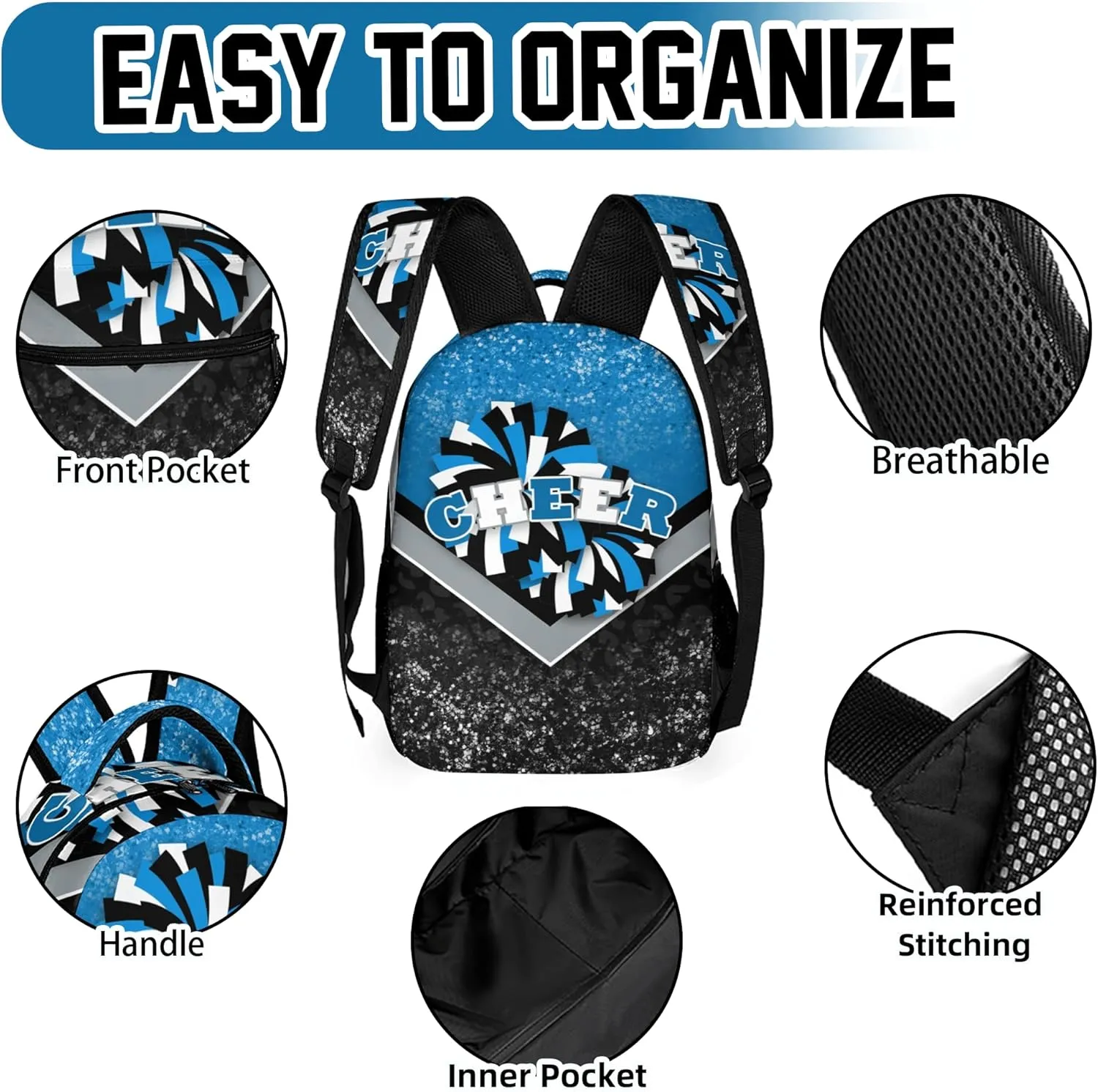 Cheer Backpacks for Cheerleaders, Cheerleading Backpack 16.5in, Cheerleader Gifts for Team (Blue&Black)