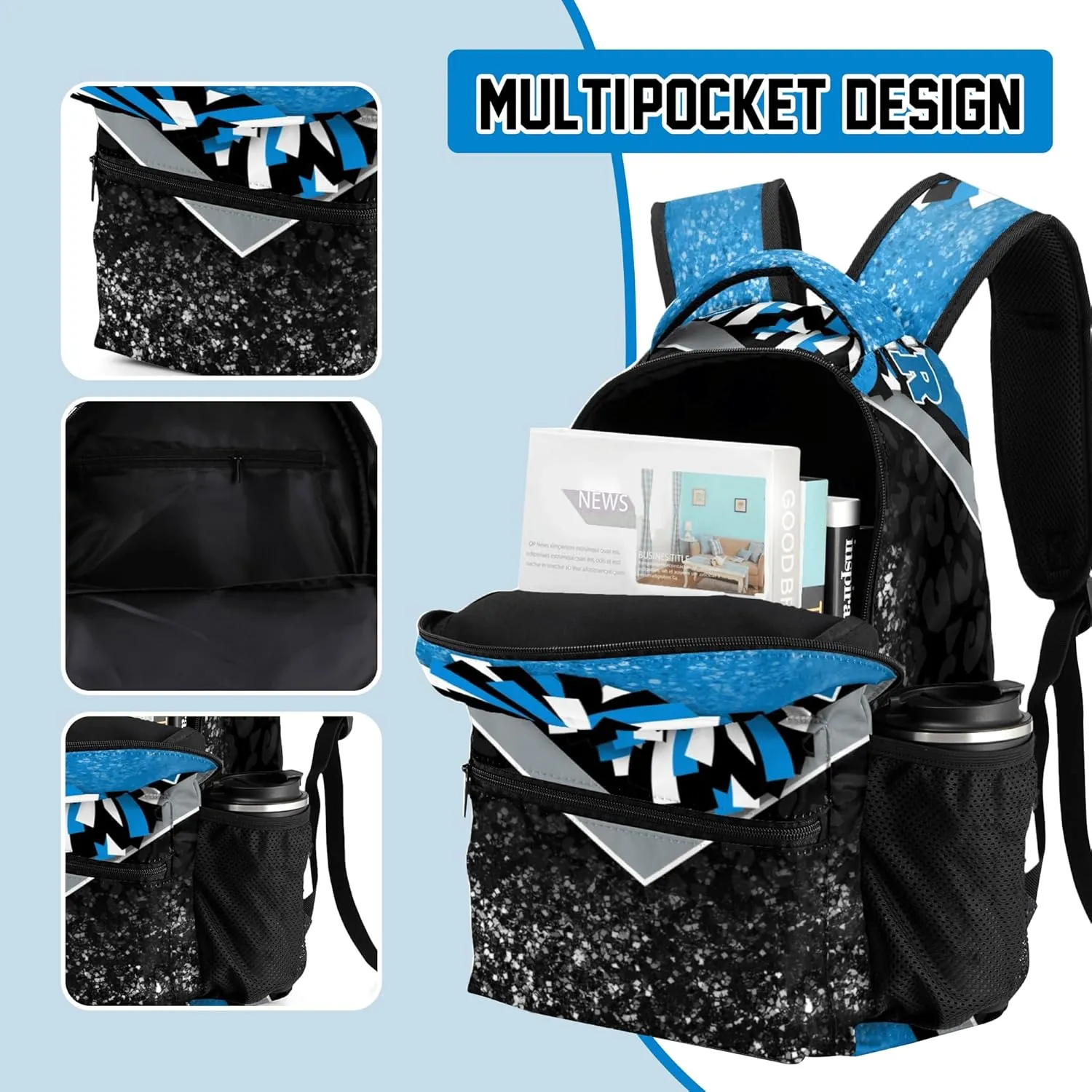 Cheer Backpacks for Cheerleaders, Cheerleading Backpack 16.5in, Cheerleader Gifts for Team (Blue&Black)