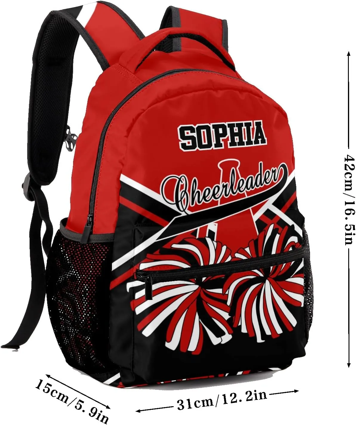 Cheer Cheerleader Dark Red Black Personalized Backpack with Name Waterproof Bag for Birthday Holiday Gift for Travel Office Work
