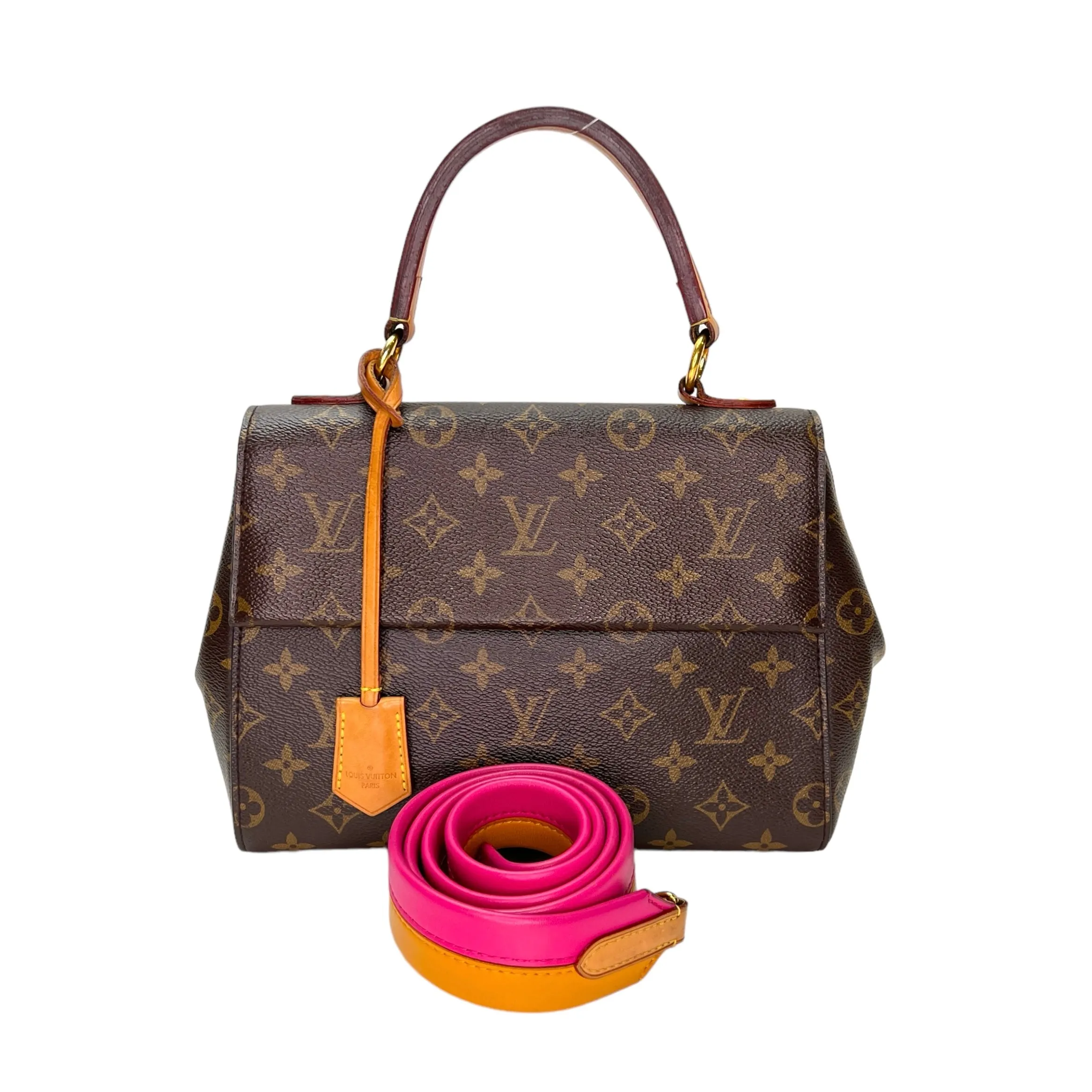 Cluny BB Brown Top Handle Bag in Monogram Coated Canvas, Gold hardware