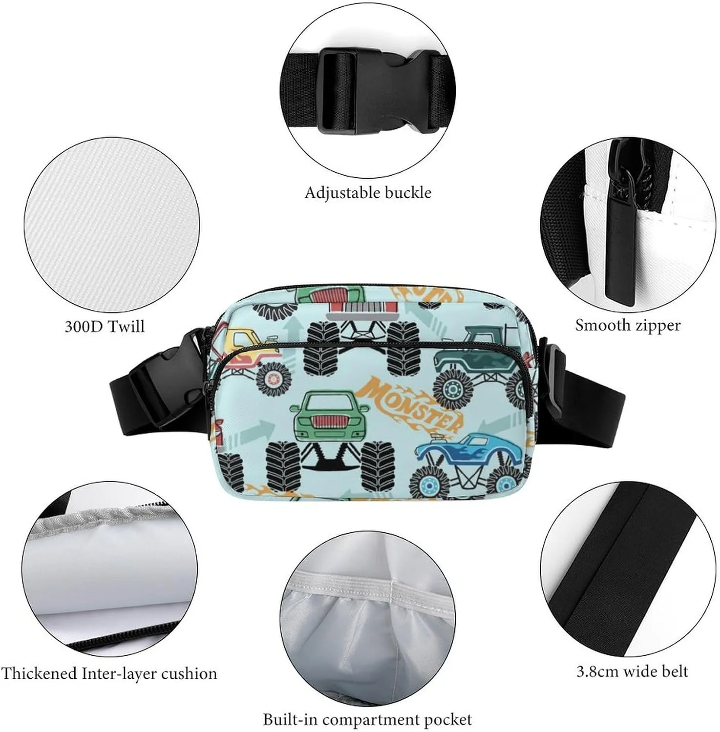 Colorful Monster Truck Belt Bag Fanny Pack Crossbody Cartoon Cars Fashion Waist Packs With Adjustable Strap For Men Women Travel Hiking Cycling Running