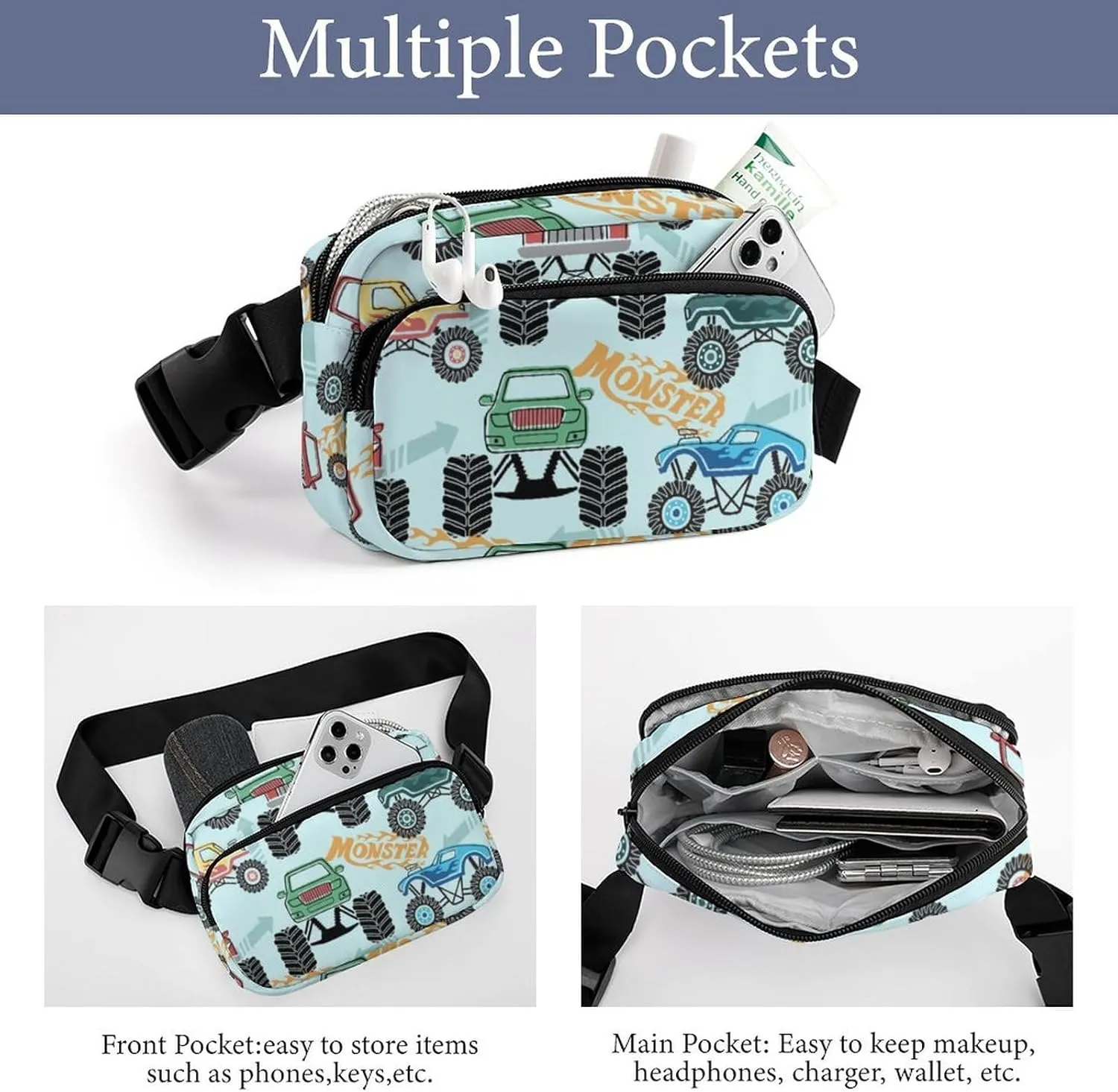 Colorful Monster Truck Belt Bag Fanny Pack Crossbody Cartoon Cars Fashion Waist Packs With Adjustable Strap For Men Women Travel Hiking Cycling Running