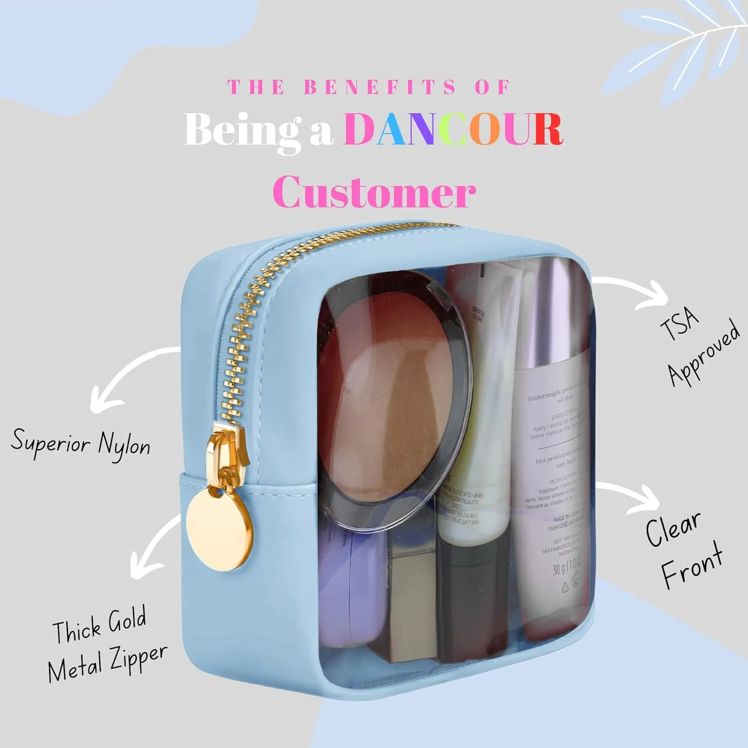 DANCOUR Clear Makeup Bag Mini Pouch for Purse Small Cosmetic Bag Travel Organizer Light Blue Cosmetic Case Pouch