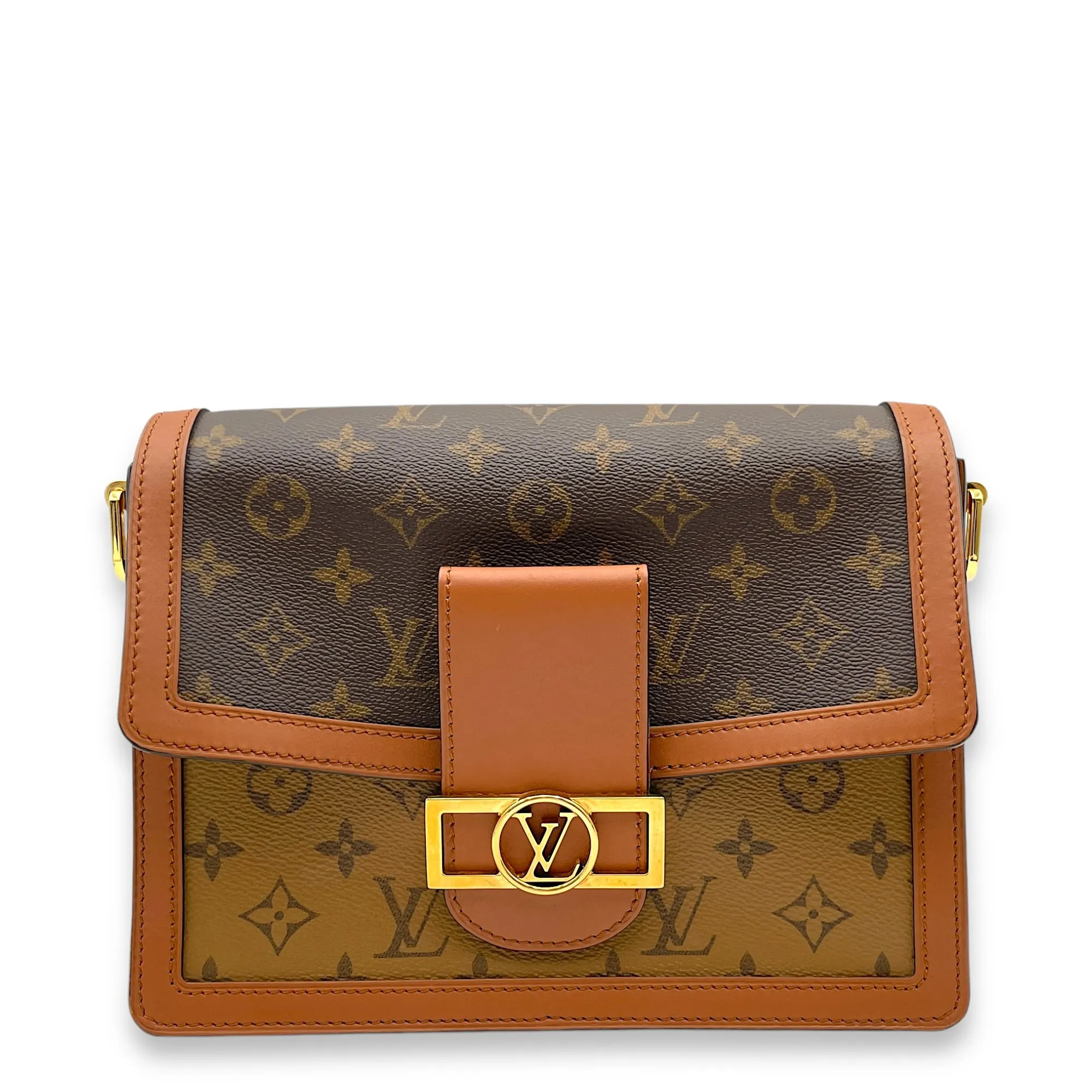 Dauphine MM Reverse Monogram Shoulder Bag in Monogram Coated Canvas, Gold hardware
