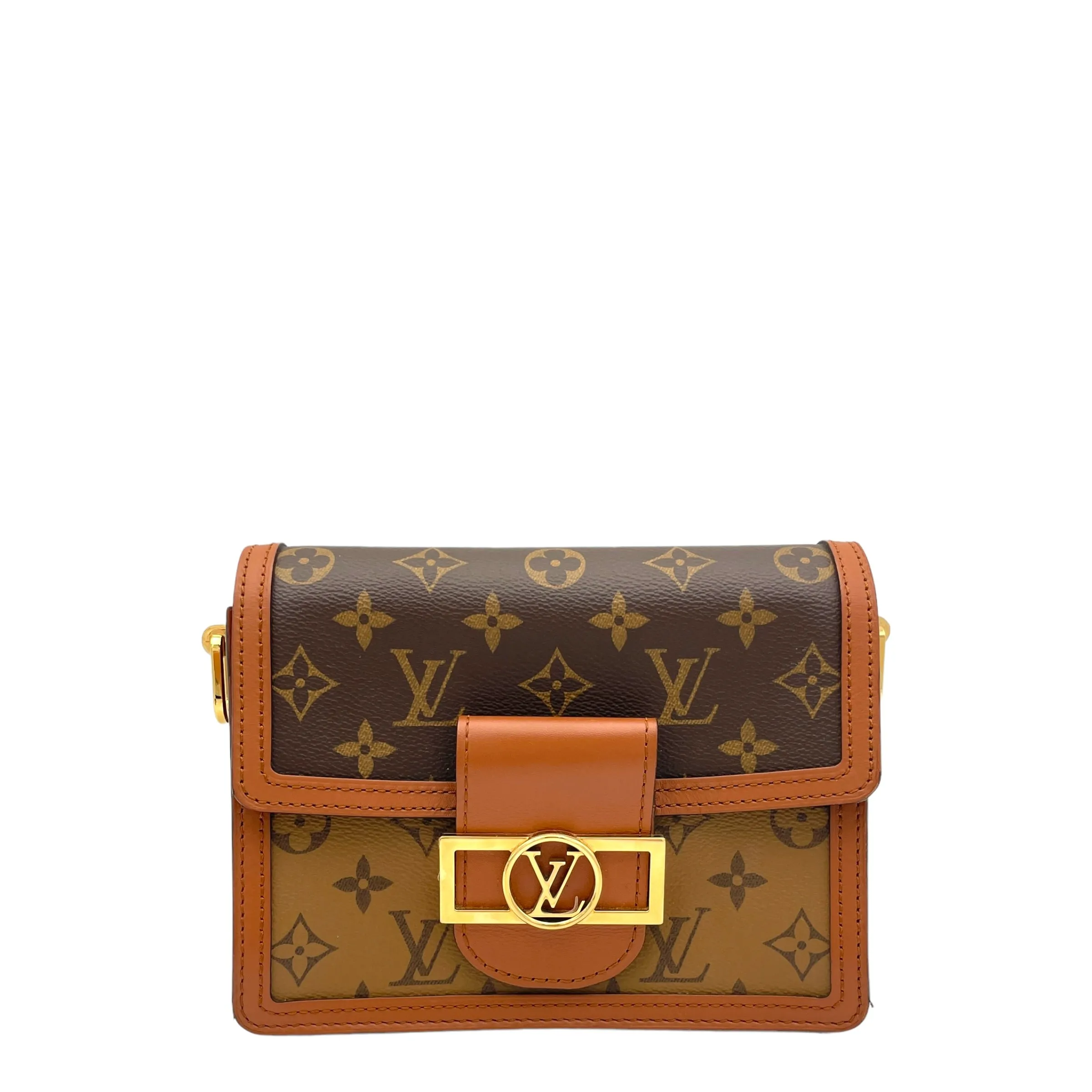 Dauphine Shoulder Bag Mini Brown in Monogram Coated Canvas , Gold Hardware