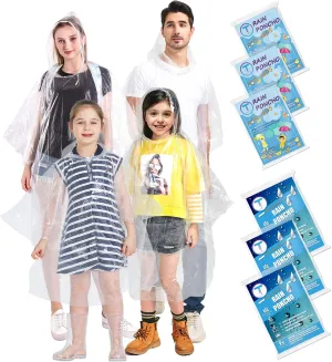 Disposable Rain Ponchos 6 Pack for Adults/Kids/Family Set-50% Thicker Emergency Ponchos