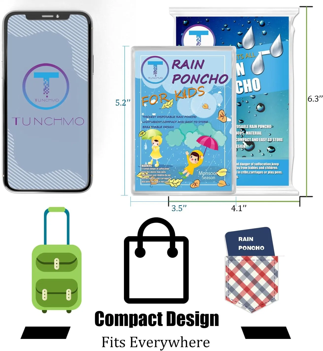 Disposable Rain Ponchos 6 Pack for Adults/Kids/Family Set-50% Thicker Emergency Ponchos