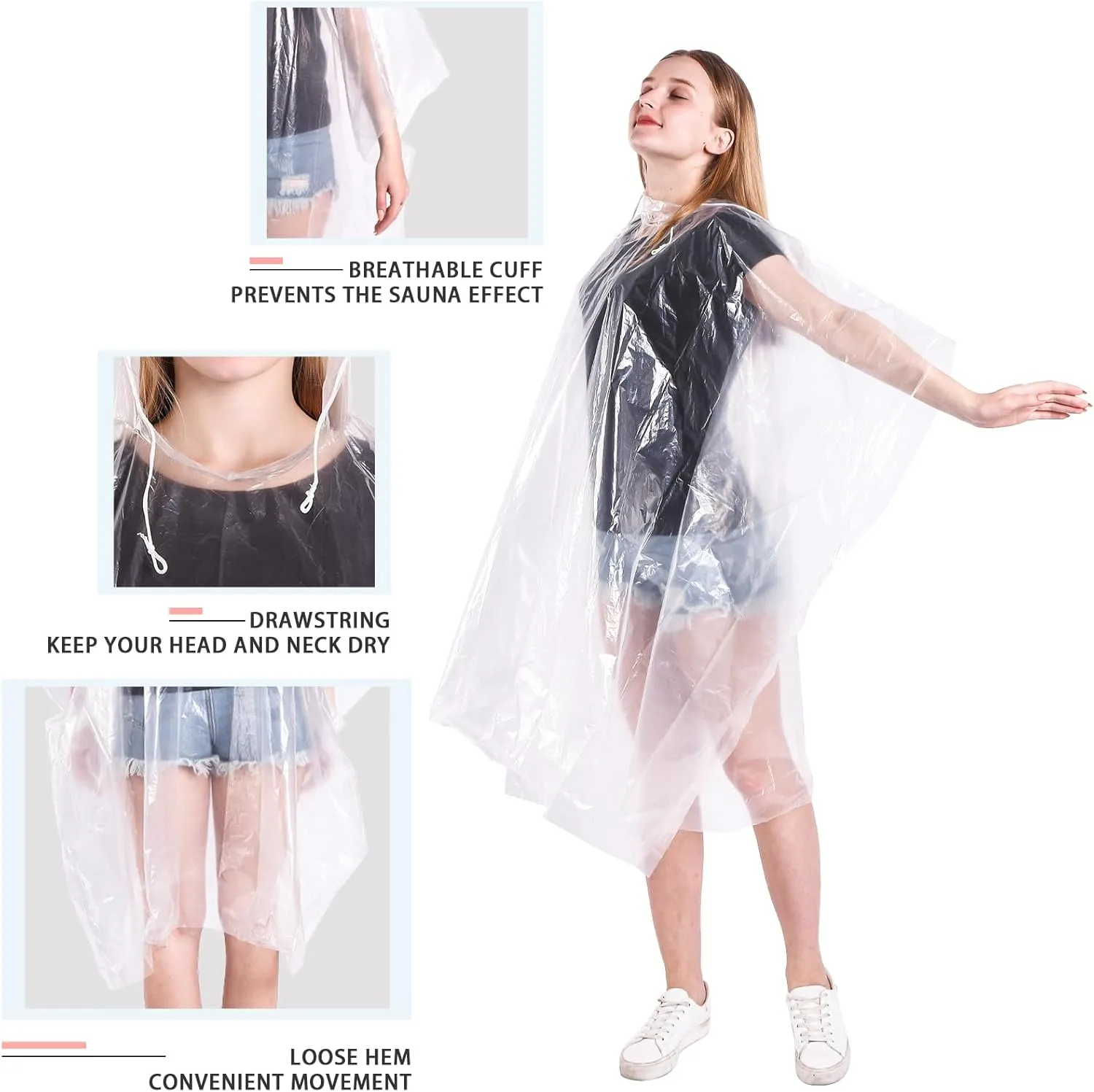 Disposable Rain Ponchos 6 Pack for Adults/Kids/Family Set-50% Thicker Emergency Ponchos