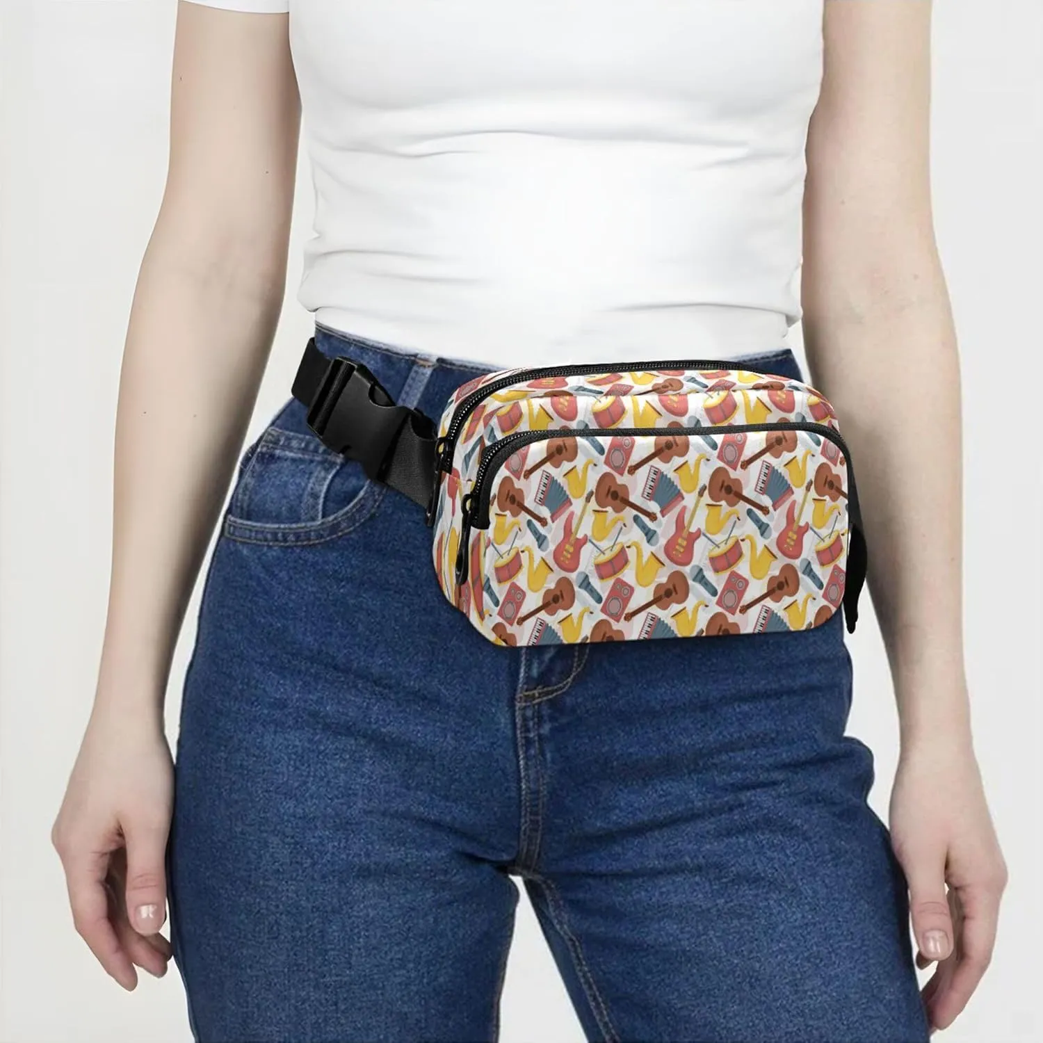Exnundod Fanny Waist Packs Musical Instruments Pattern Colored Running Hiking Waist Pack Fashionable Zipper Belt Bag for Workout Traveling