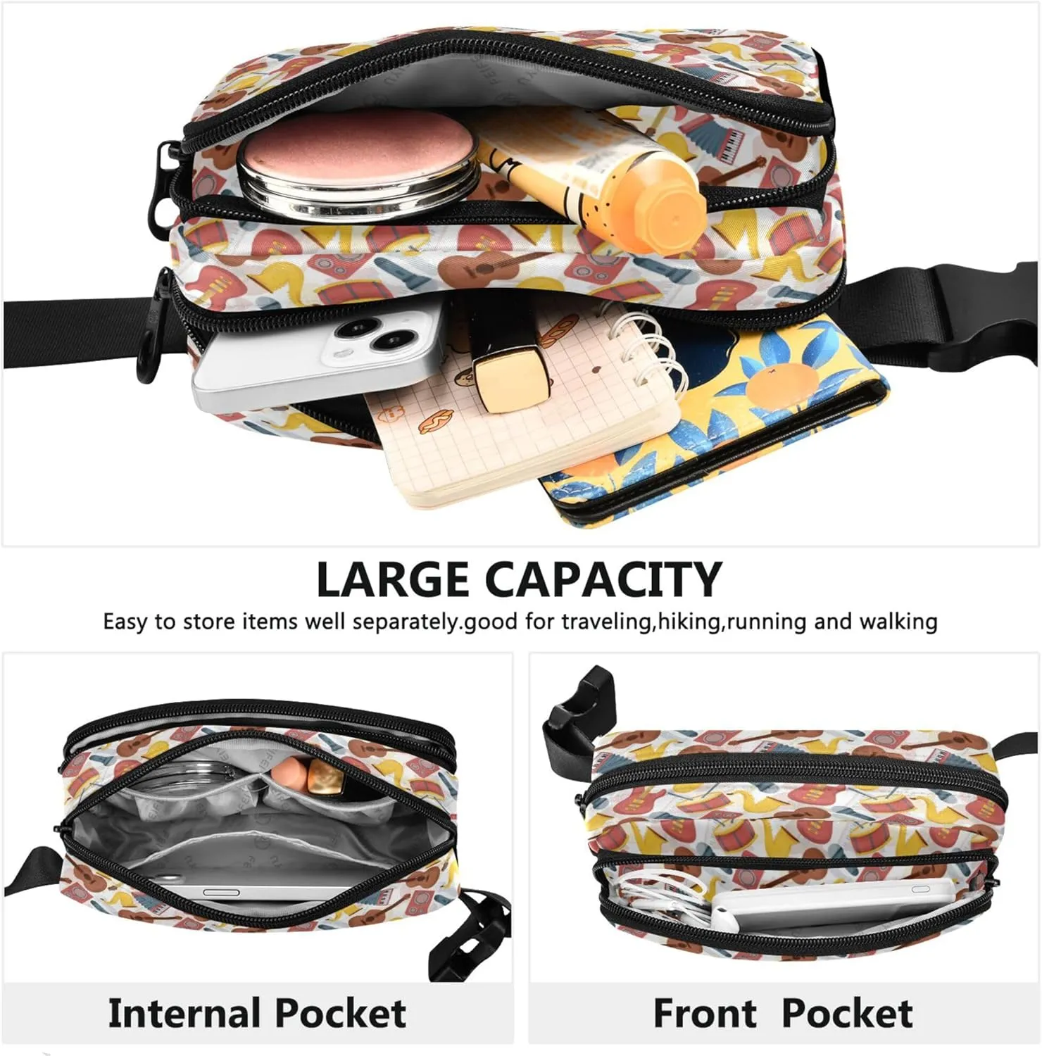 Exnundod Fanny Waist Packs Musical Instruments Pattern Colored Running Hiking Waist Pack Fashionable Zipper Belt Bag for Workout Traveling
