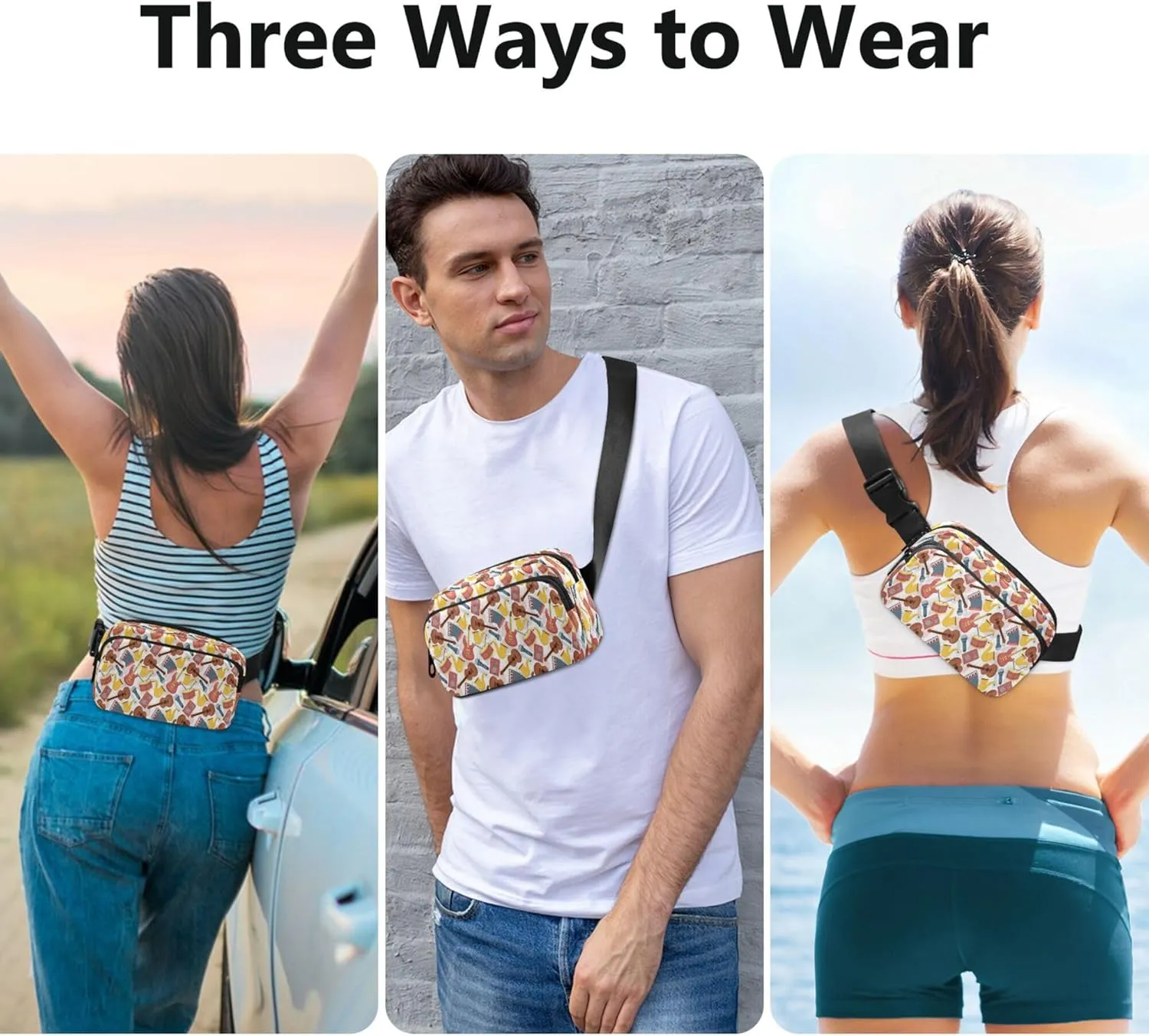 Exnundod Fanny Waist Packs Musical Instruments Pattern Colored Running Hiking Waist Pack Fashionable Zipper Belt Bag for Workout Traveling